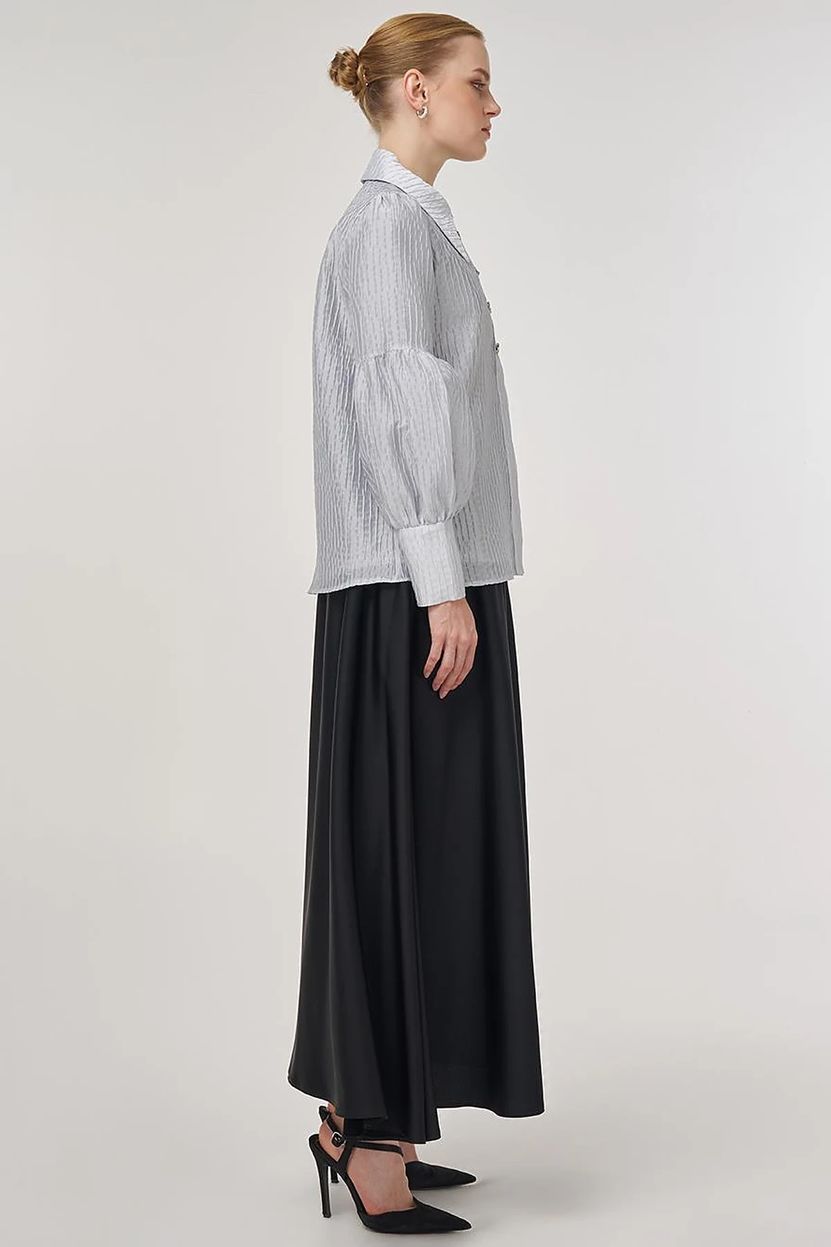 Shiny Button Elegant Blouse Blue 