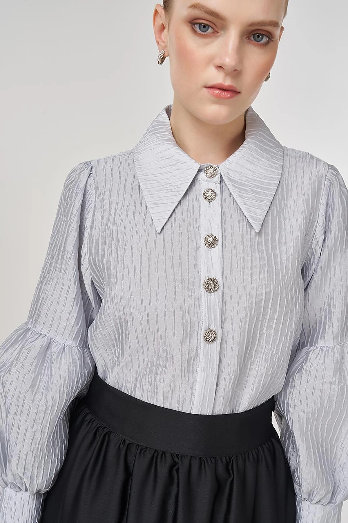 Shiny Button Elegant Blouse Blue 