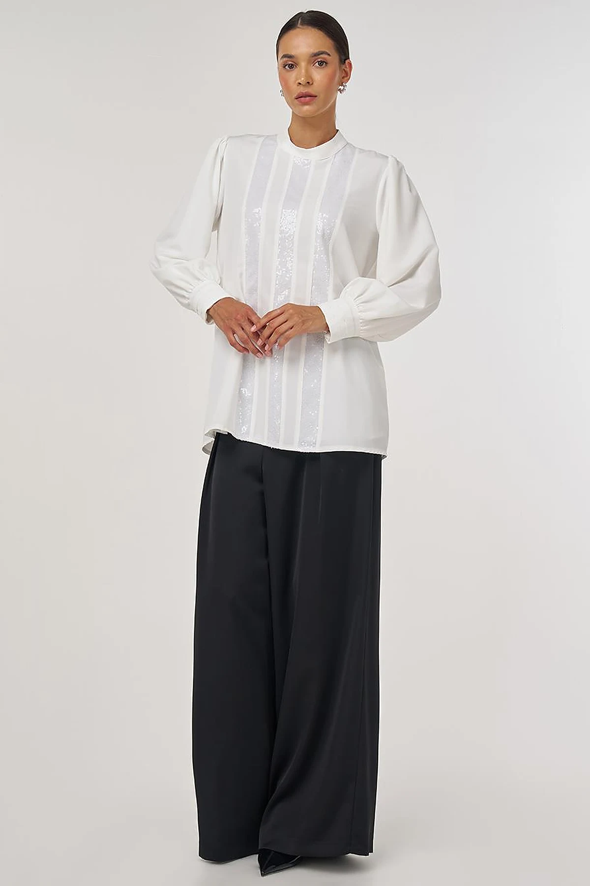 Sequin-Embroidered Elegant Blouse Ecru
