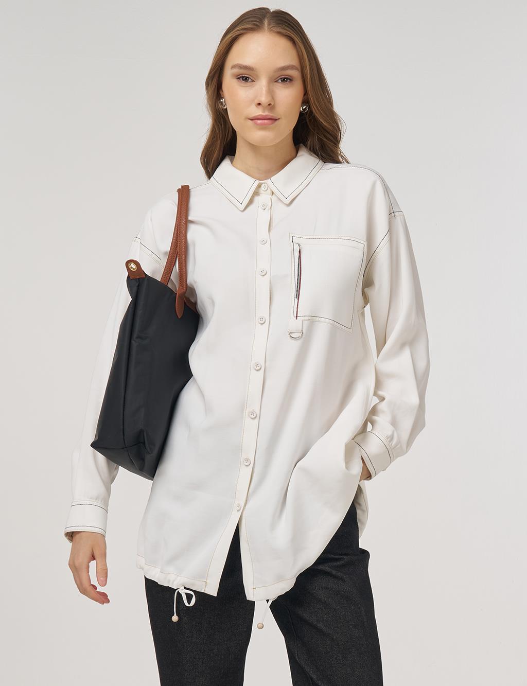 Punto-Stitched Chain-Embellished Tunic Ecru