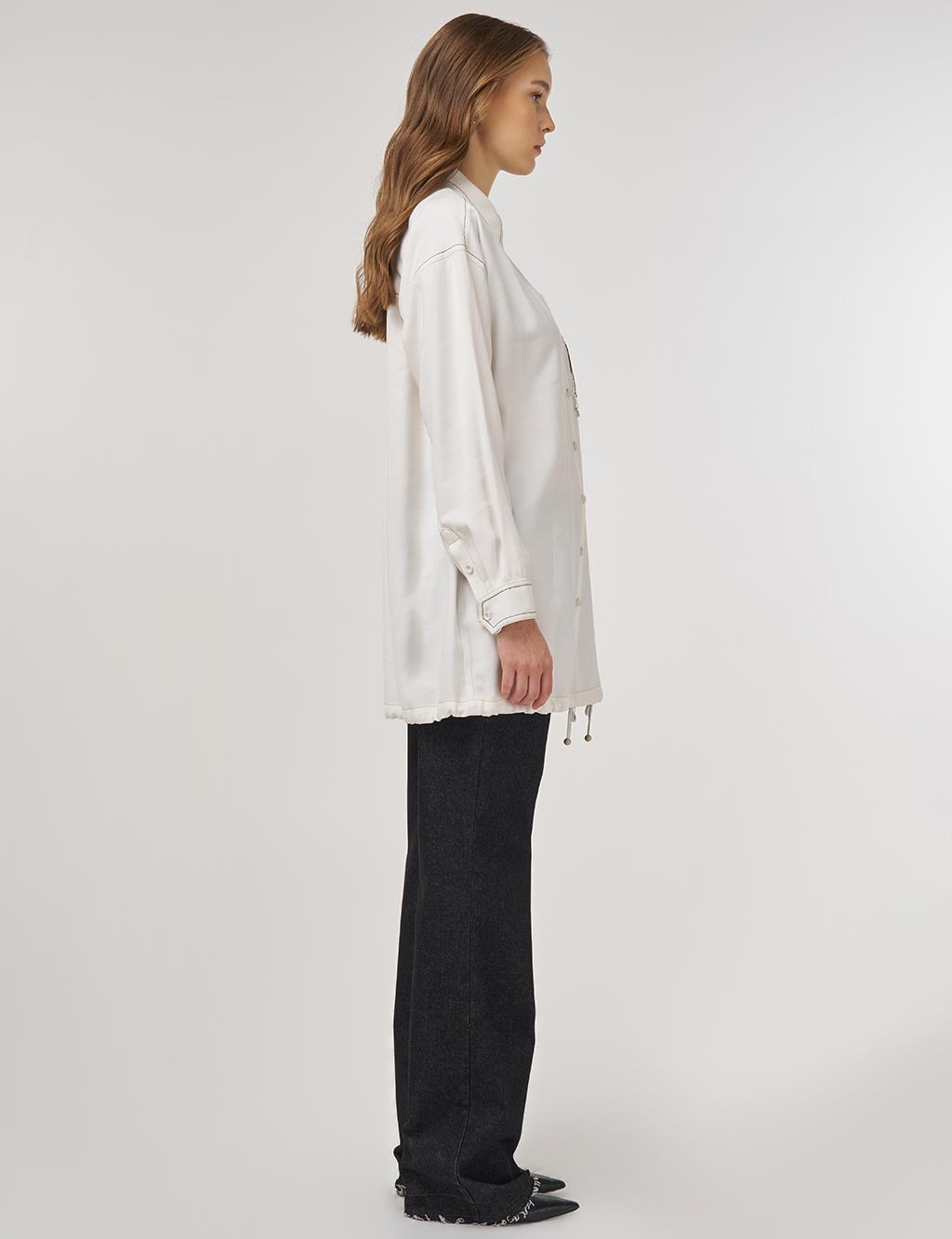 Punto-Stitched Chain-Embellished Tunic Ecru