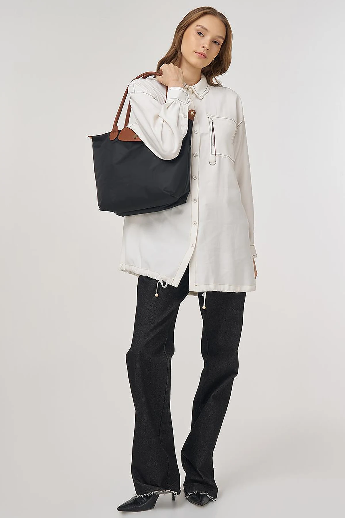 Punto-Stitched Chain-Embellished Tunic Ecru