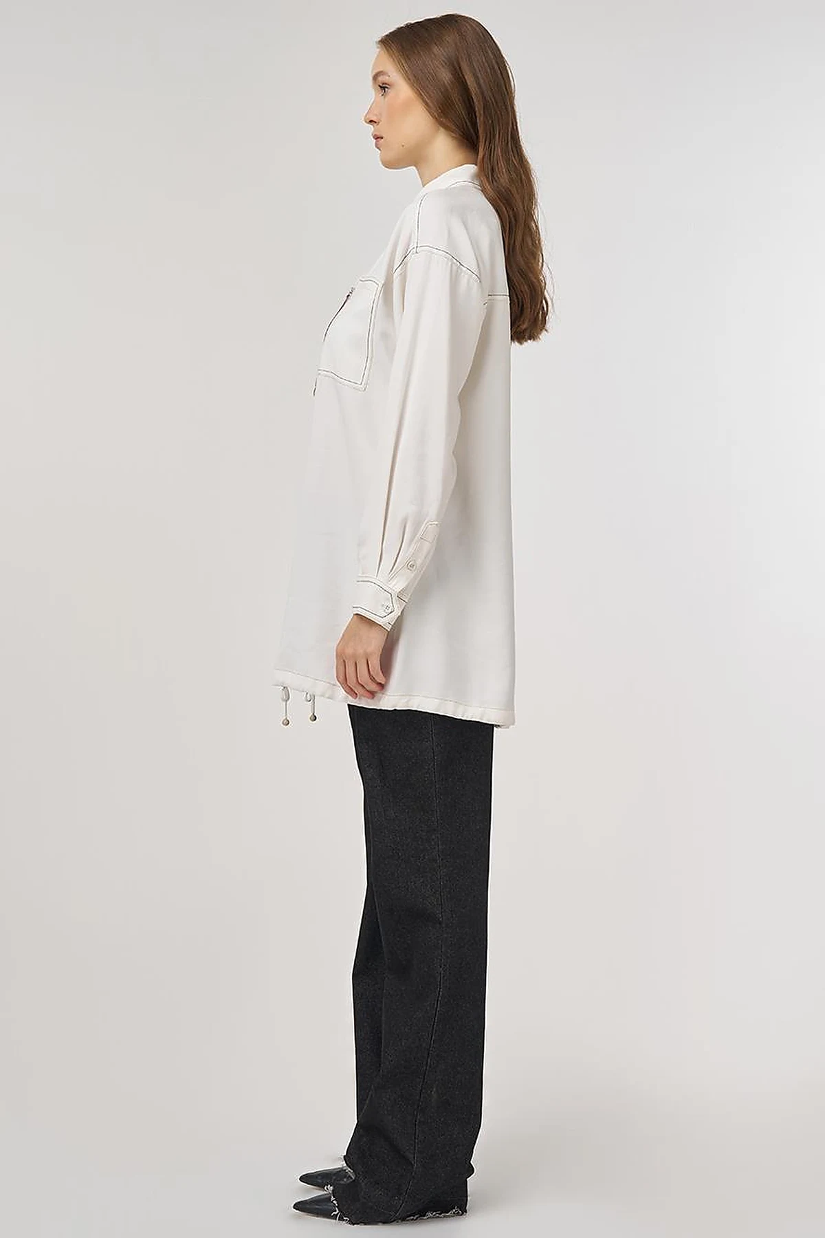 Punto-Stitched Chain-Embellished Tunic Ecru