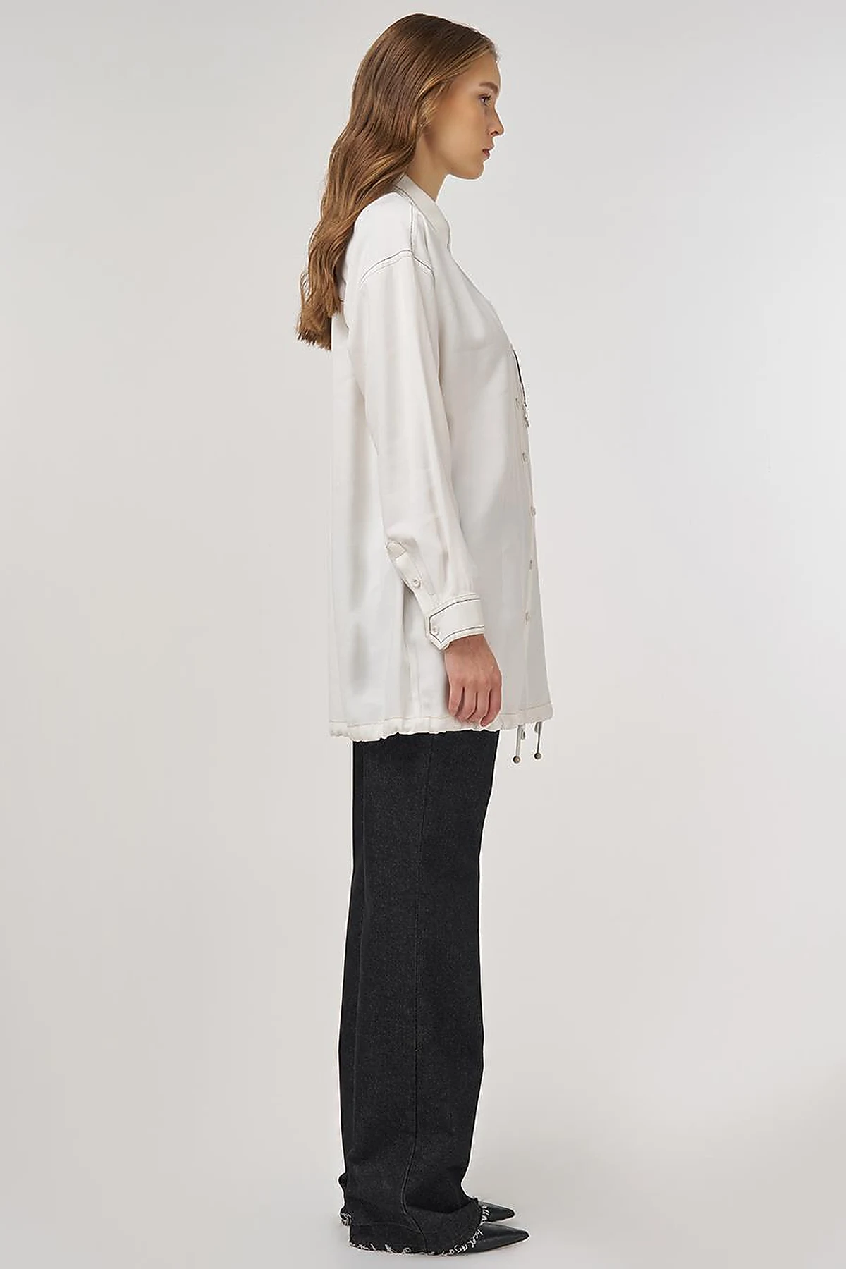 Punto-Stitched Chain-Embellished Tunic Ecru