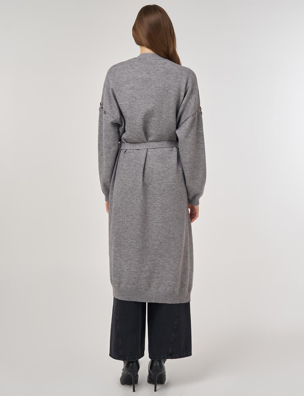 Embroidered Knit Cardigan in Gray