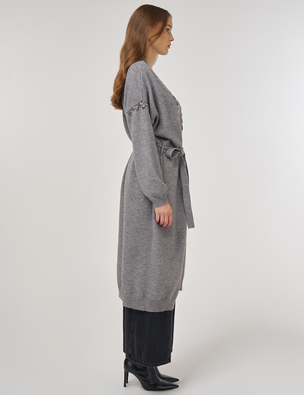 Embroidered Knit Cardigan in Gray