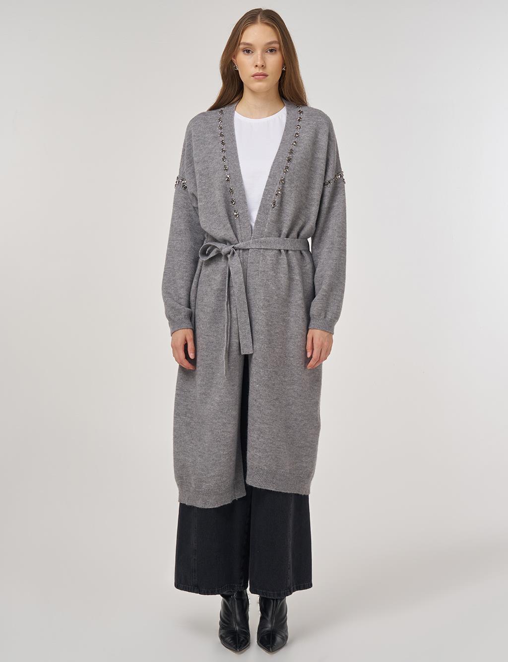 Embroidered Knit Cardigan in Gray