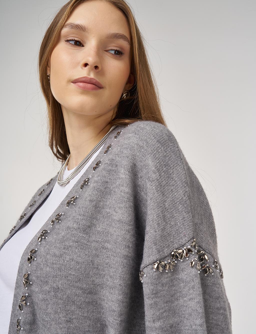 Embroidered Knit Cardigan in Gray
