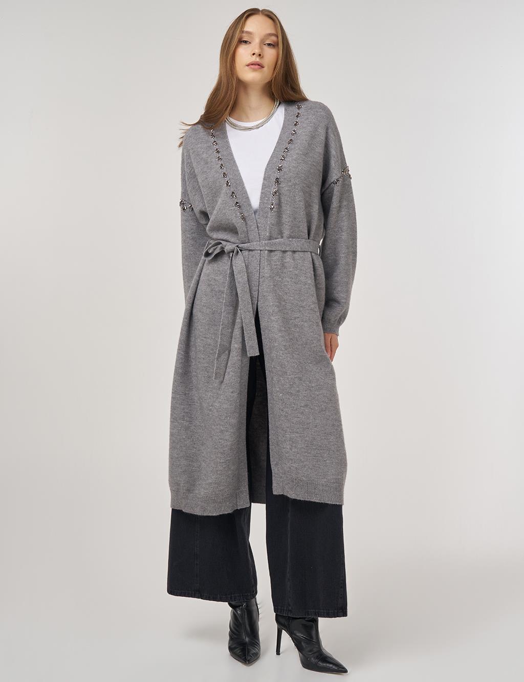 Embroidered Knit Cardigan in Gray