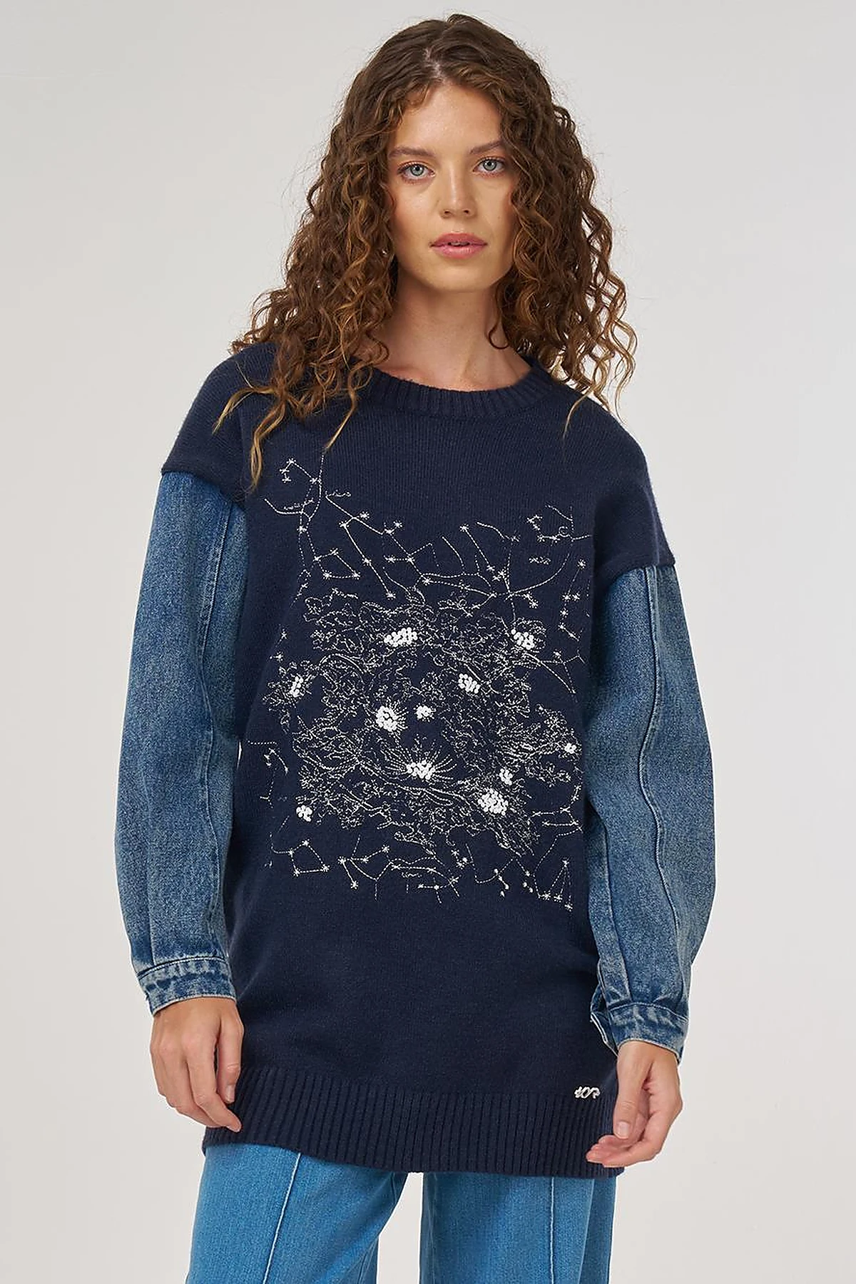 Denim Garnished Knit Tunic in Navy Blue