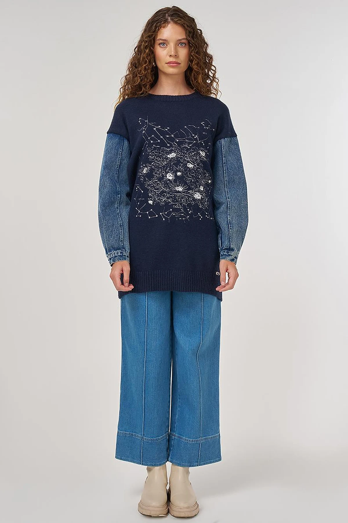 Denim Garnished Knit Tunic in Navy Blue