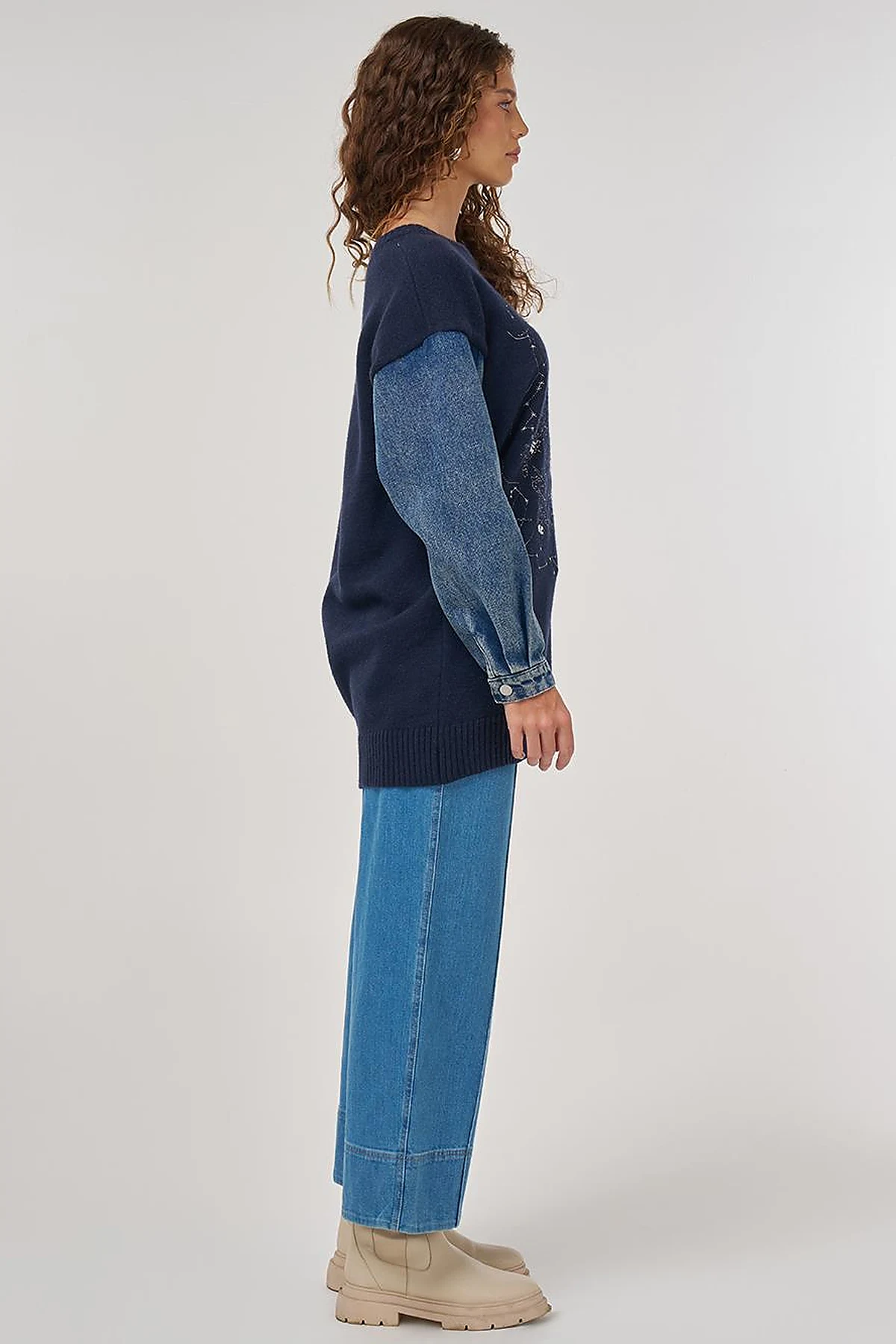 Denim Garnished Knit Tunic in Navy Blue
