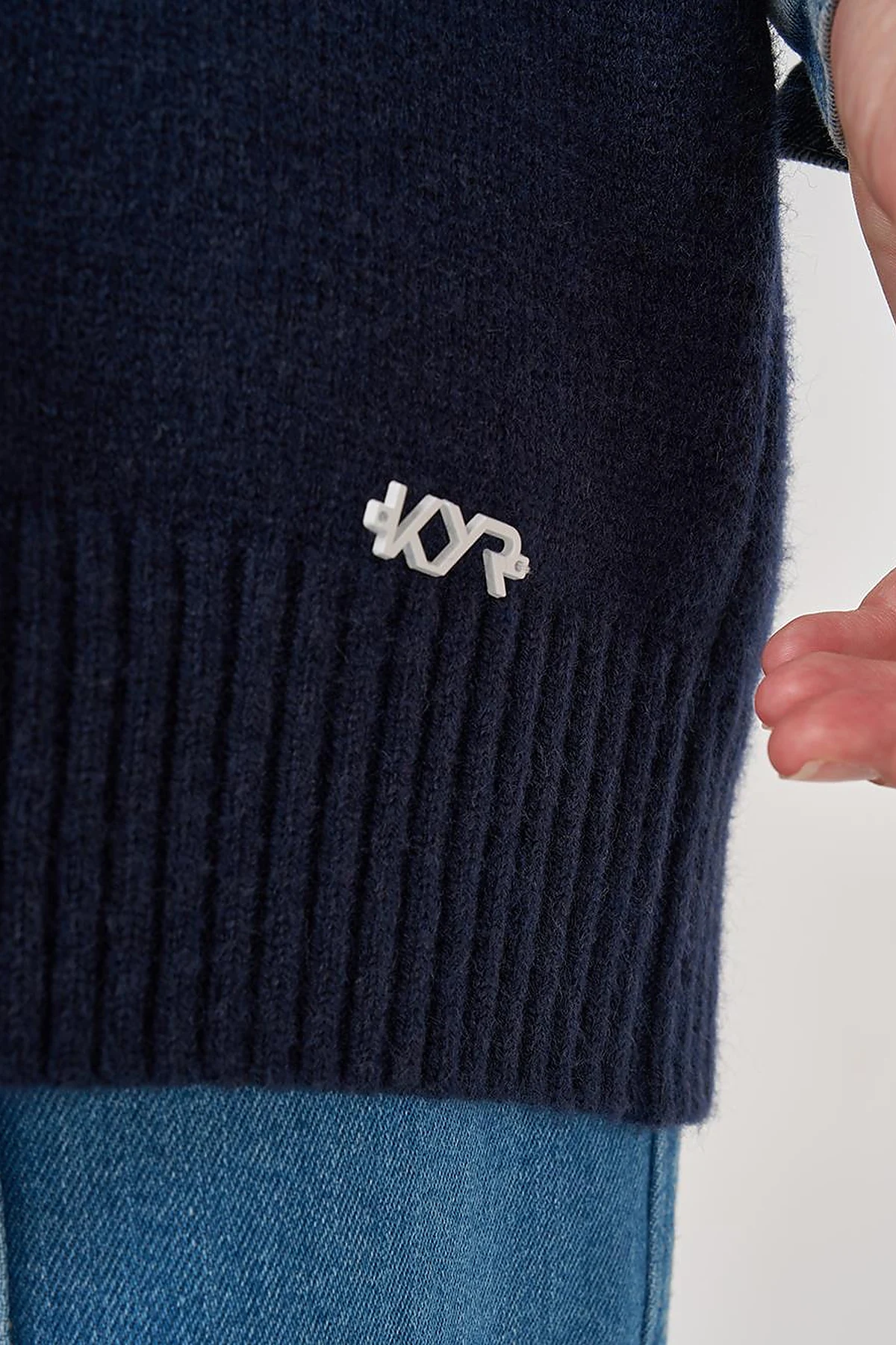 Denim Garnished Knit Tunic in Navy Blue
