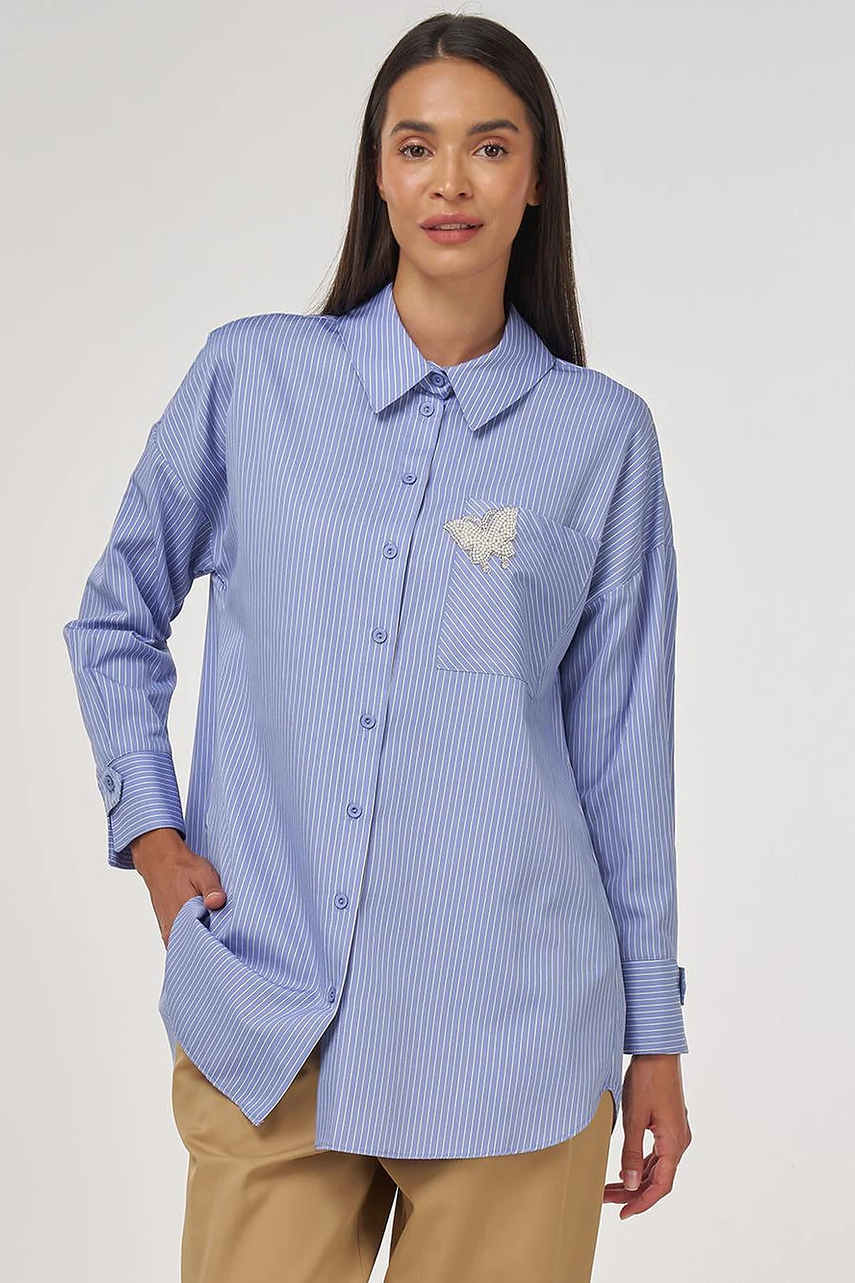 Pearl-Embellished Cotton Blouse Air Force Blue 