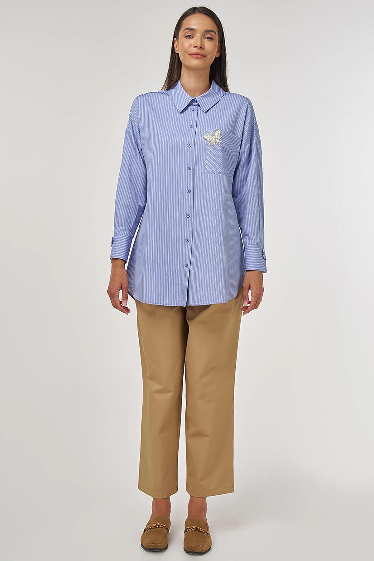 Pearl-Embellished Cotton Blouse Air Force Blue 