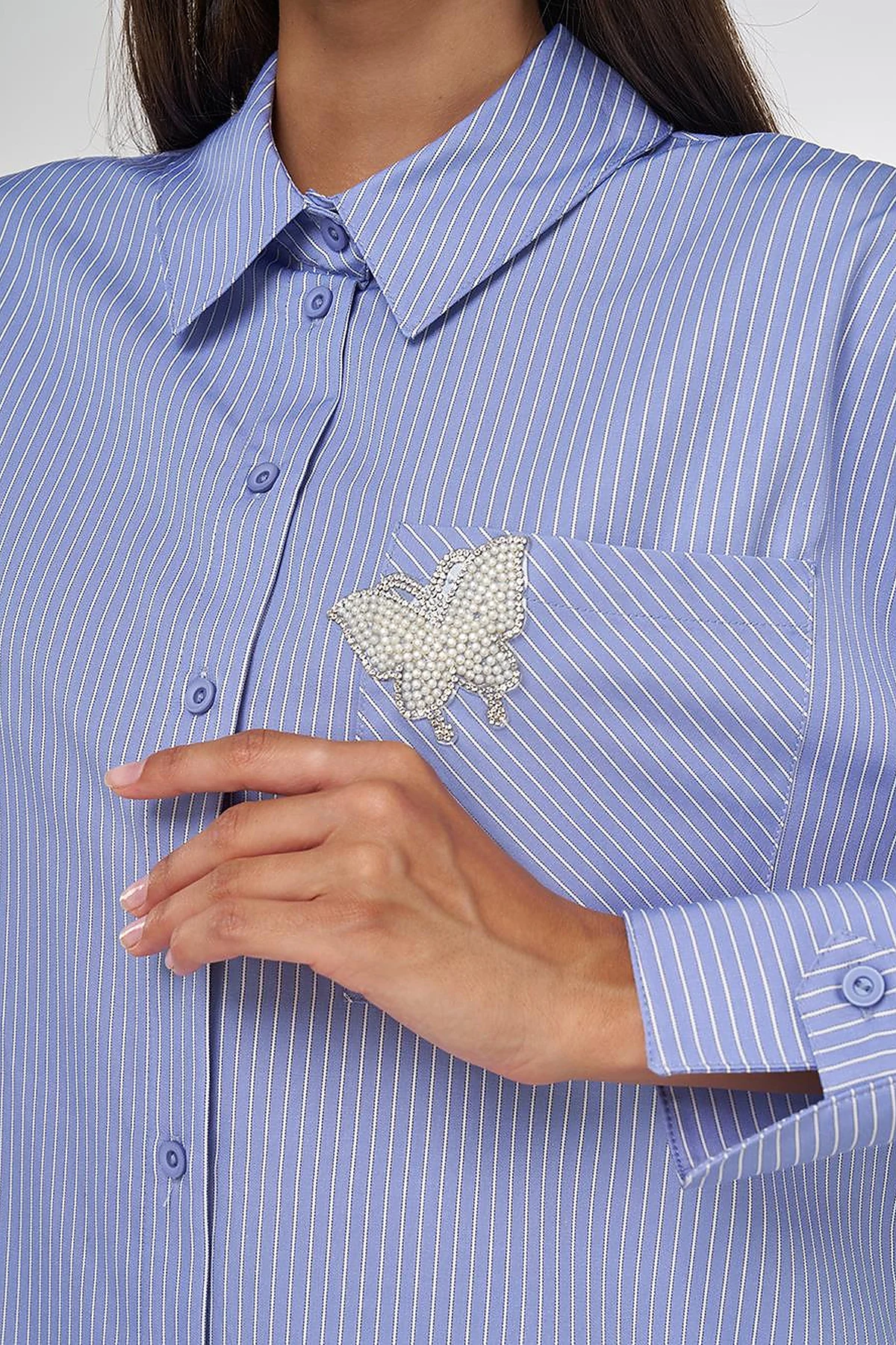 Pearl-Embellished Cotton Blouse Air Force Blue 