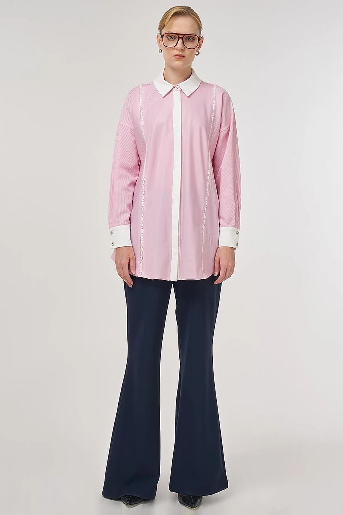 Striped Eyelet Cotton Tunic Pink