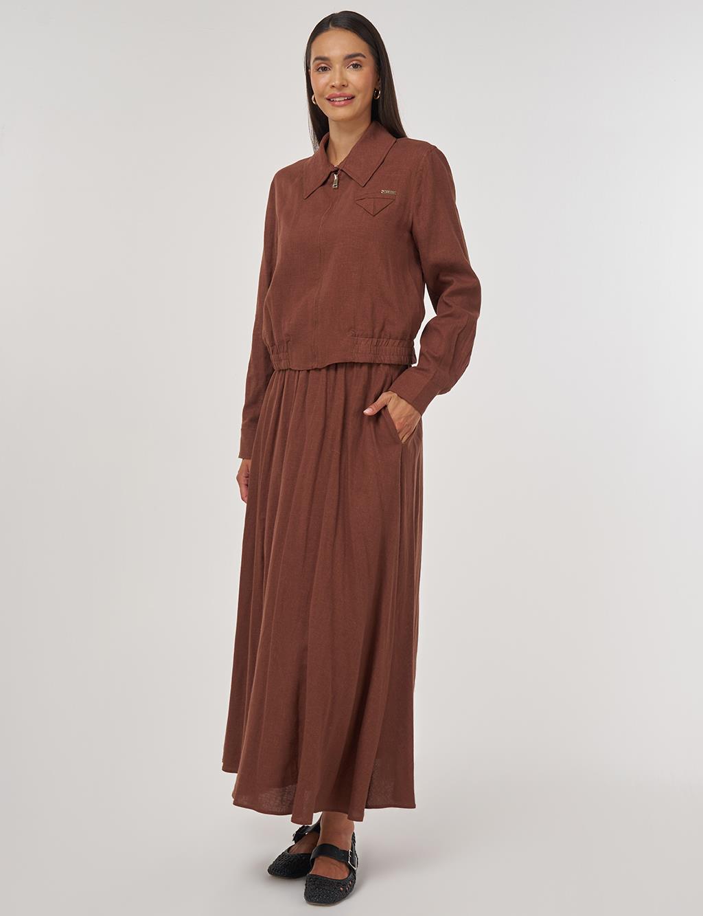 Linen-Viscose Skirt Set Brown