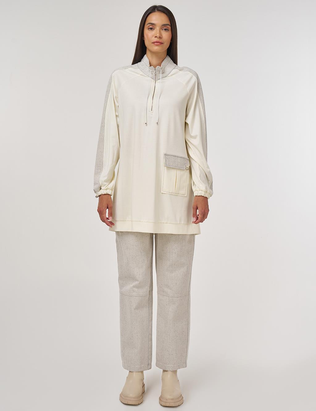 Fabric-Trimmed High Neck Sweatshirt Ecru