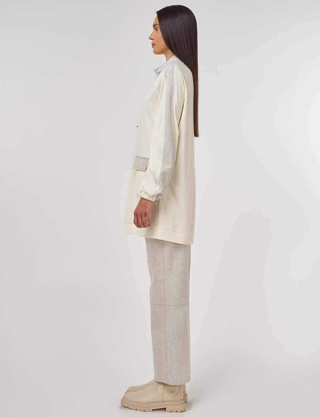 Fabric-Trimmed High Neck Sweatshirt Ecru