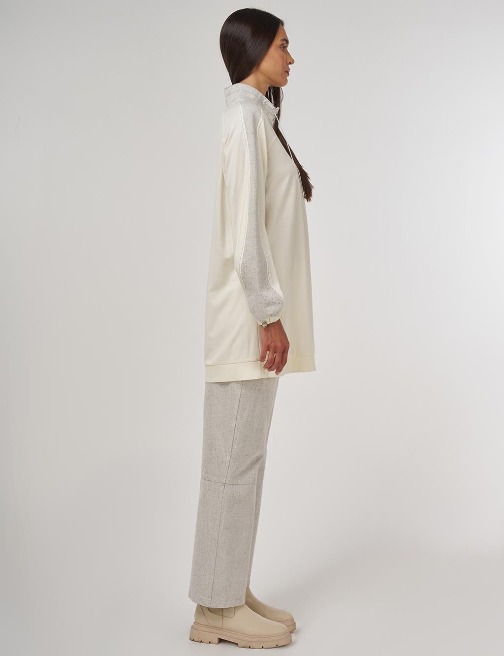 Fabric-Trimmed High Neck Sweatshirt Ecru