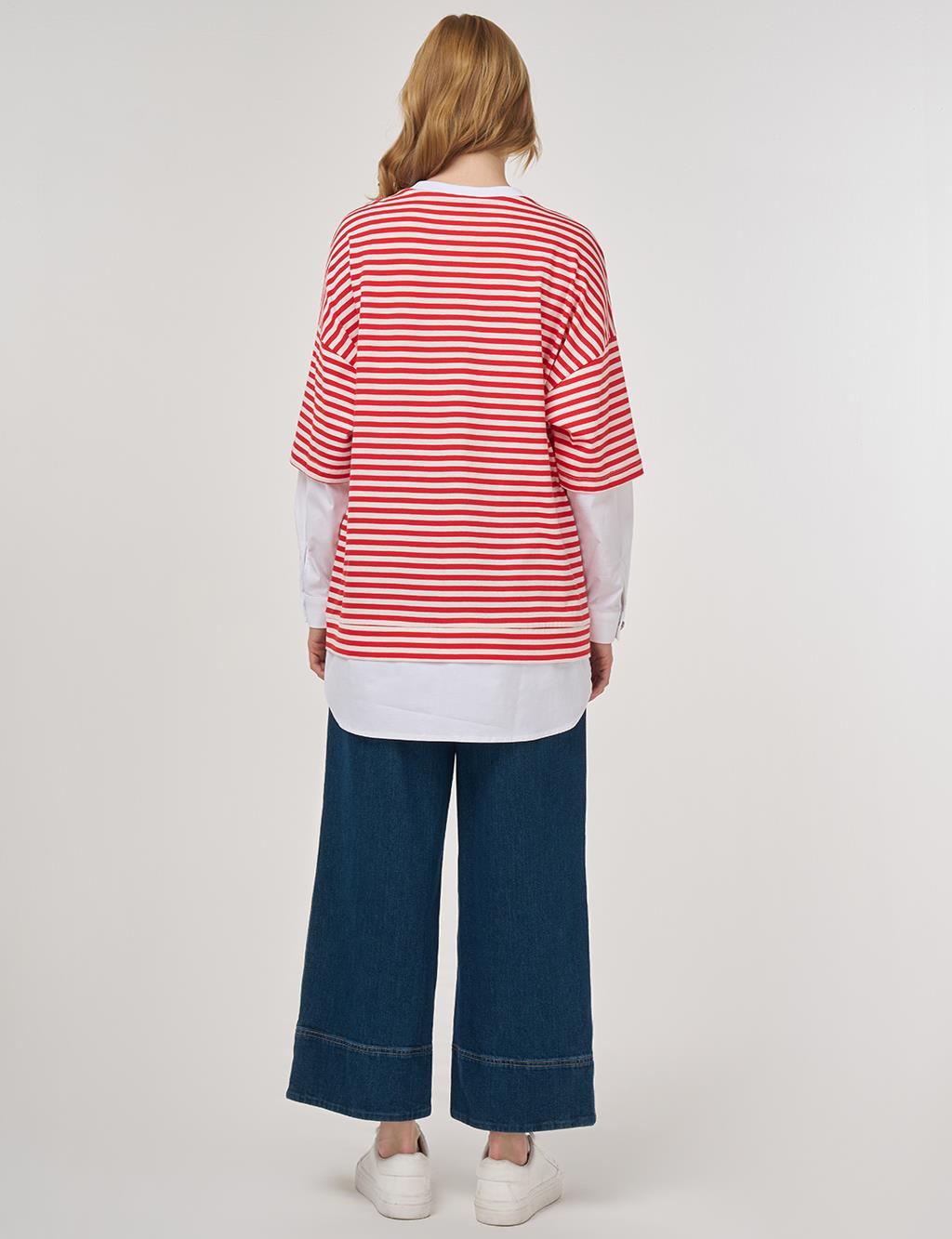100% Cotton Shirt-Detail Sweatshirt Red