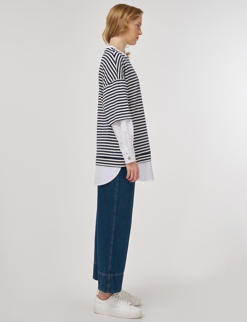 100% Cotton Shirt-Detail Sweatshirt Dark Navy