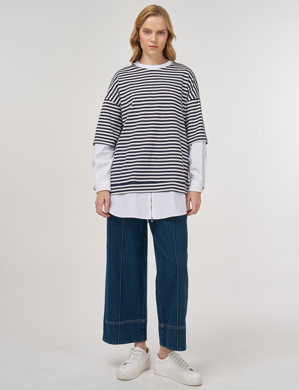 100% Cotton Shirt-Detail Sweatshirt Dark Navy