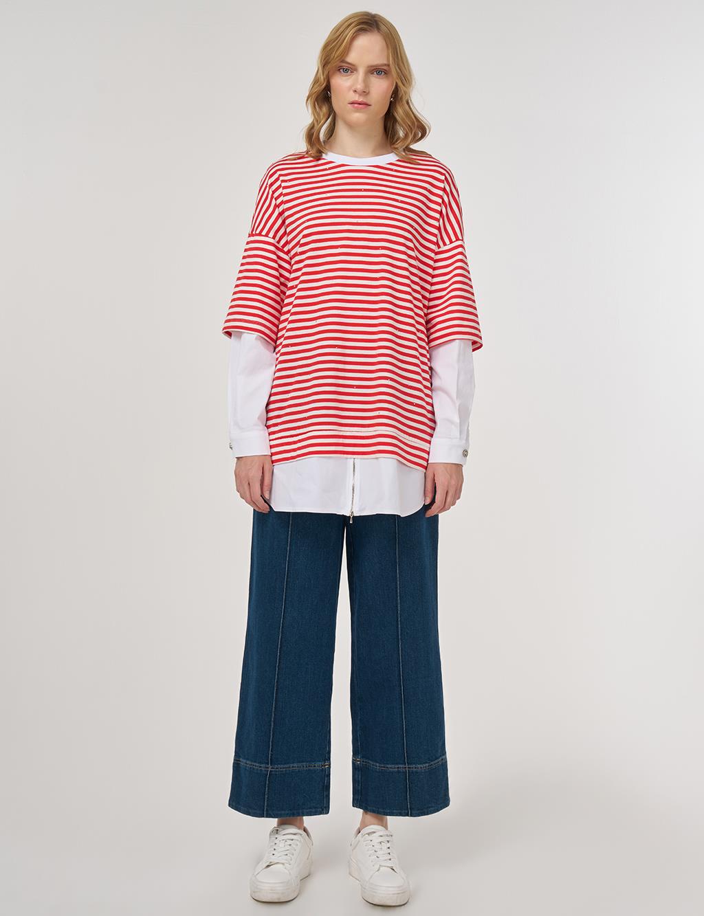 100% Cotton Shirt-Detail Sweatshirt Red