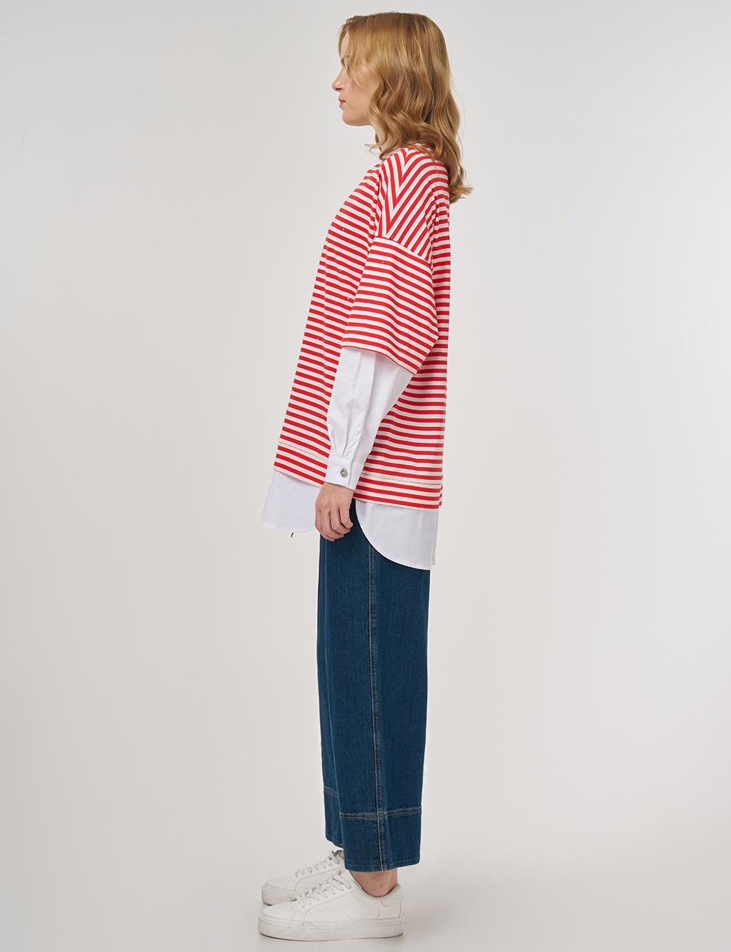 100% Cotton Shirt-Detail Sweatshirt Red