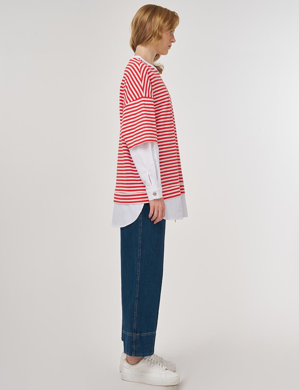 100% Cotton Shirt-Detail Sweatshirt Red