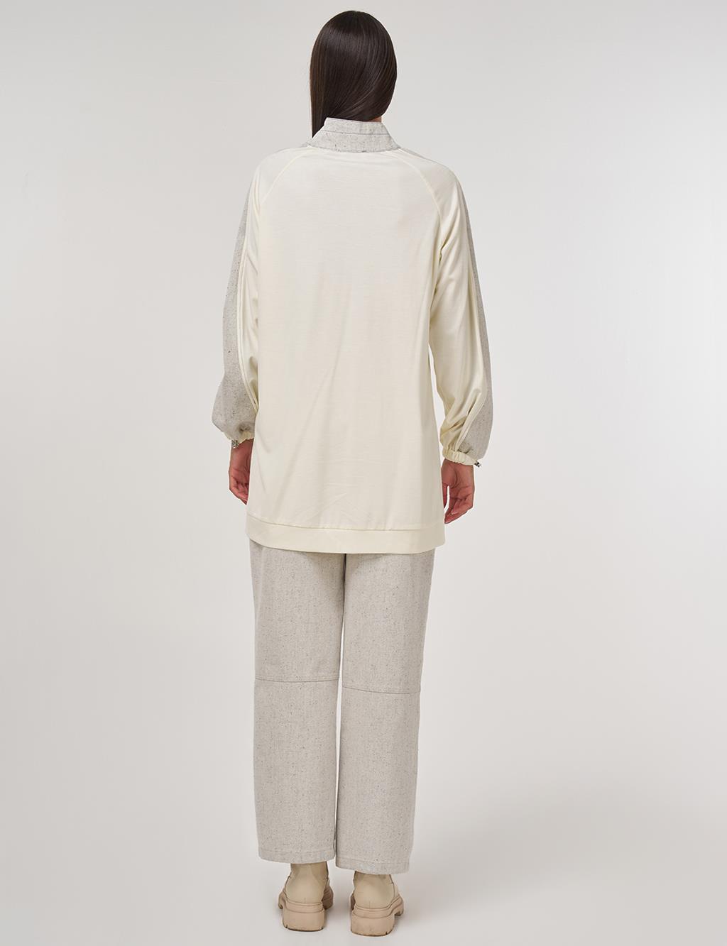 Fabric-Trimmed High Neck Sweatshirt Ecru