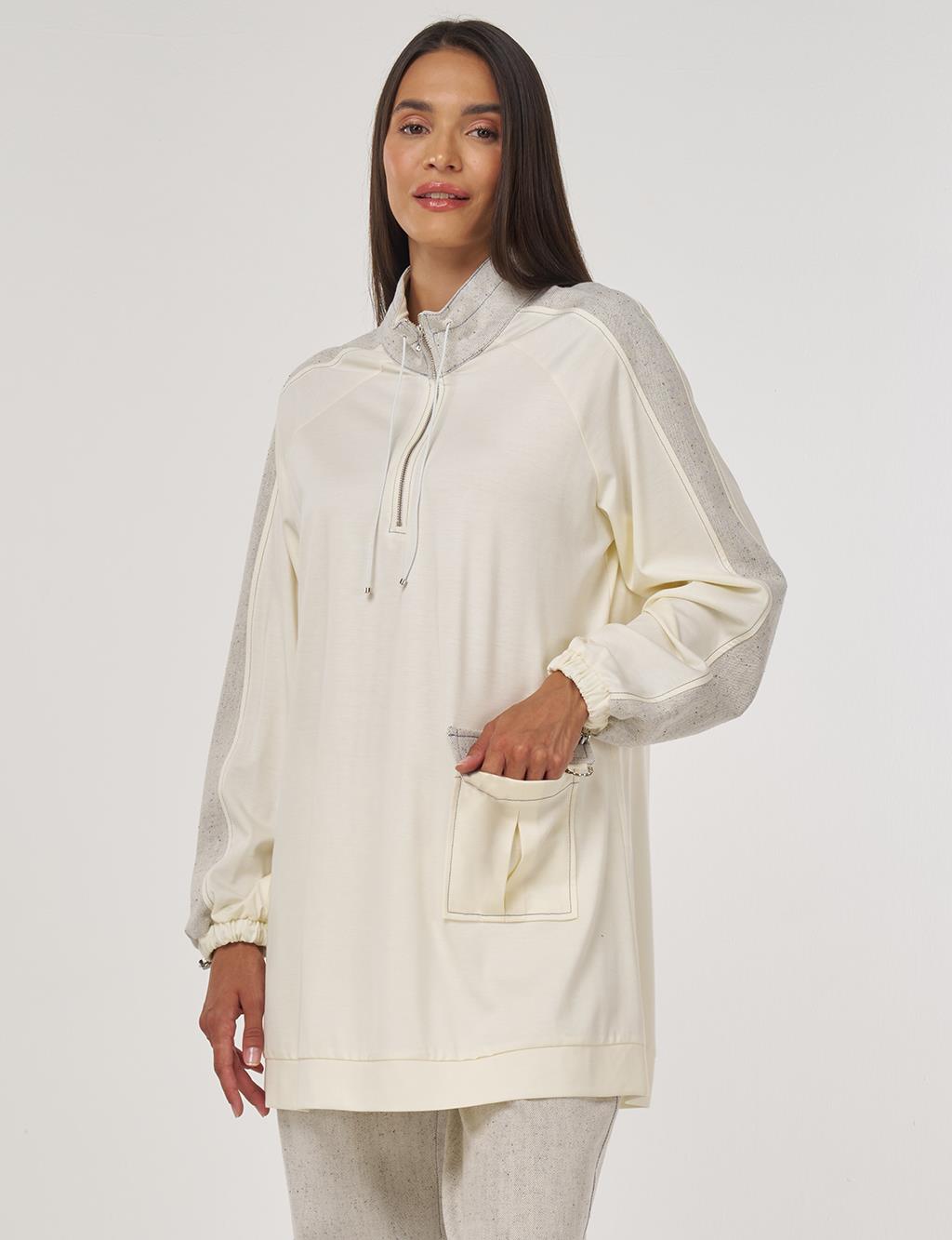 Fabric-Trimmed High Neck Sweatshirt Ecru