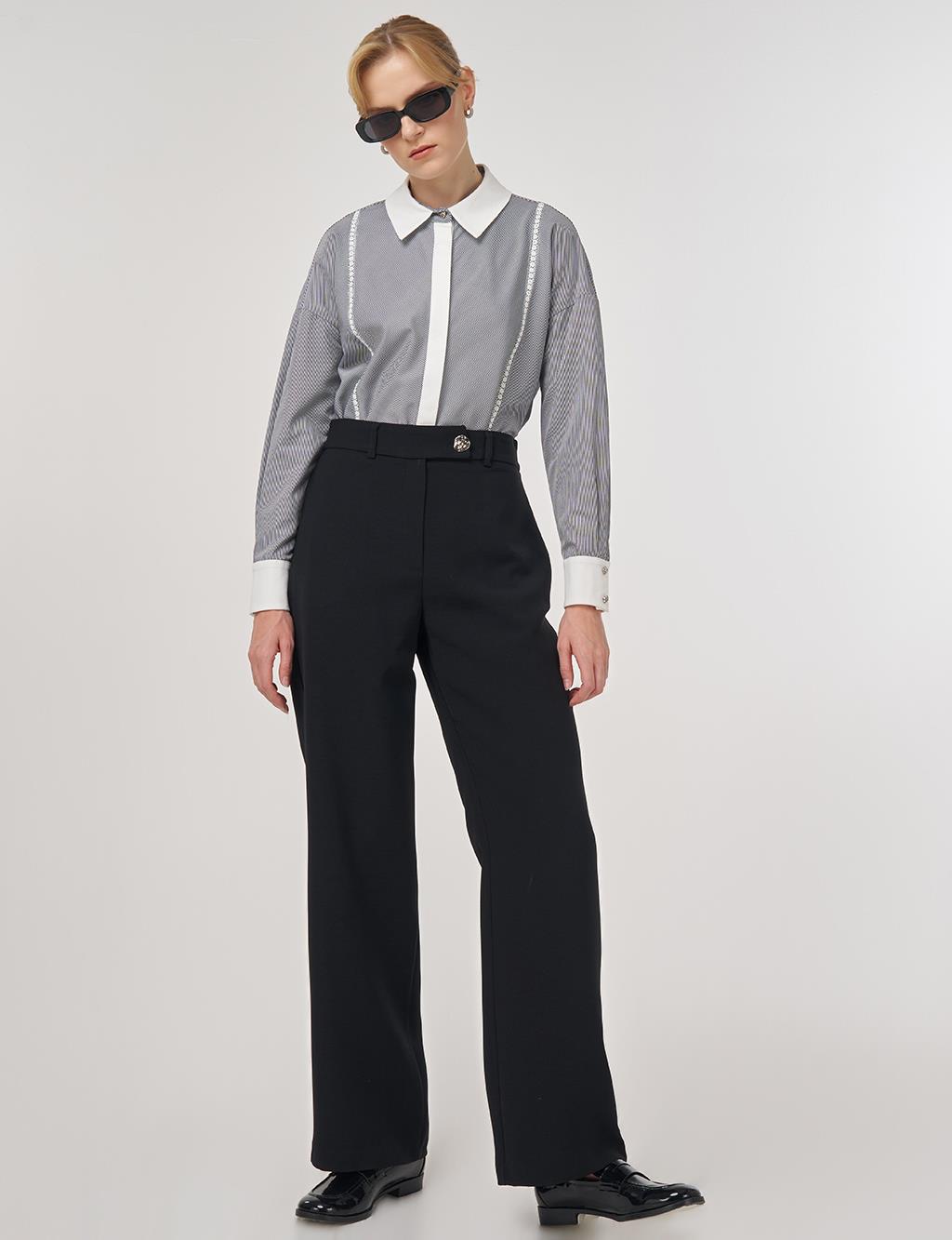 Button-Detail Fabric Pants Black