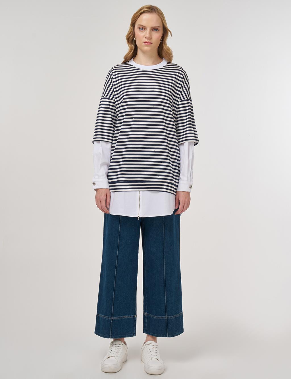 100% Cotton Shirt-Detail Sweatshirt Dark Navy