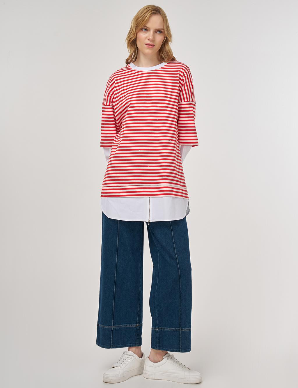 100% Cotton Shirt-Detail Sweatshirt Red
