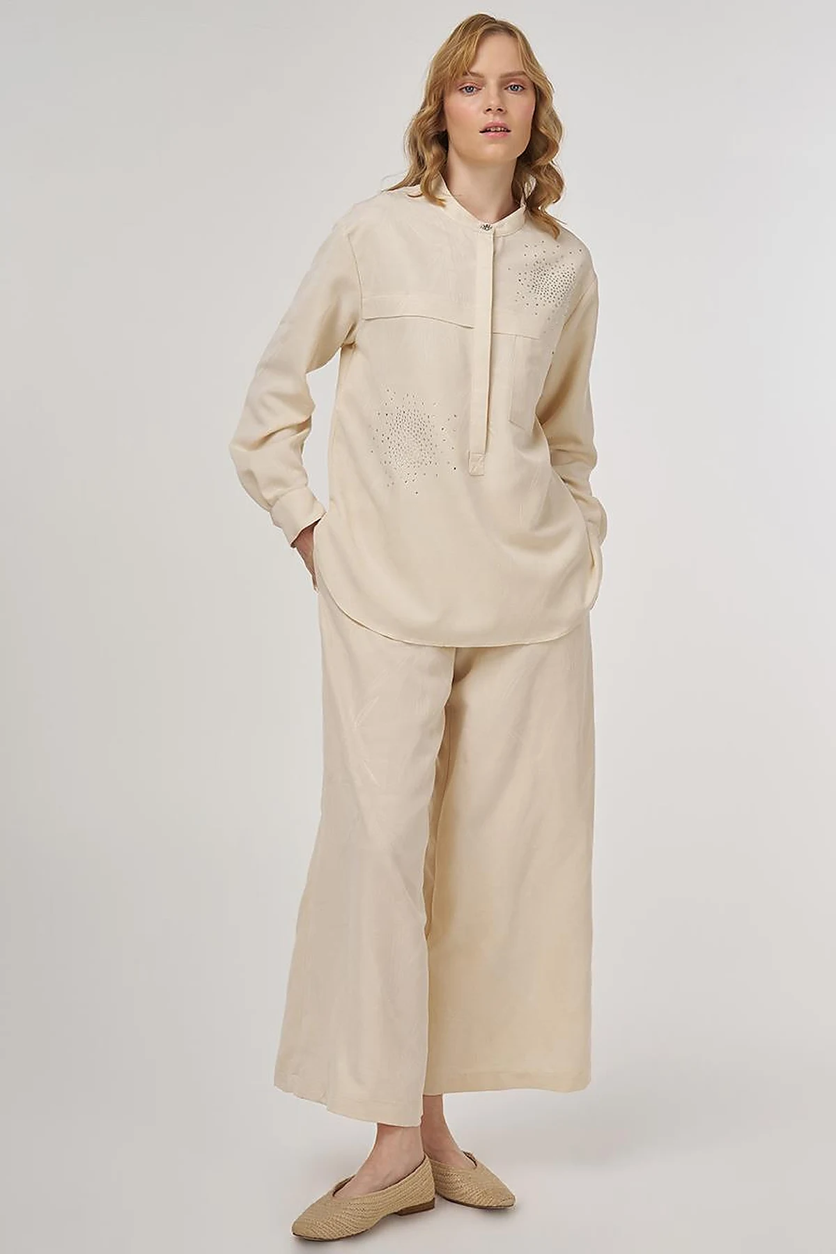 Hotfix-Printed Modal Two-Piece Set Cream