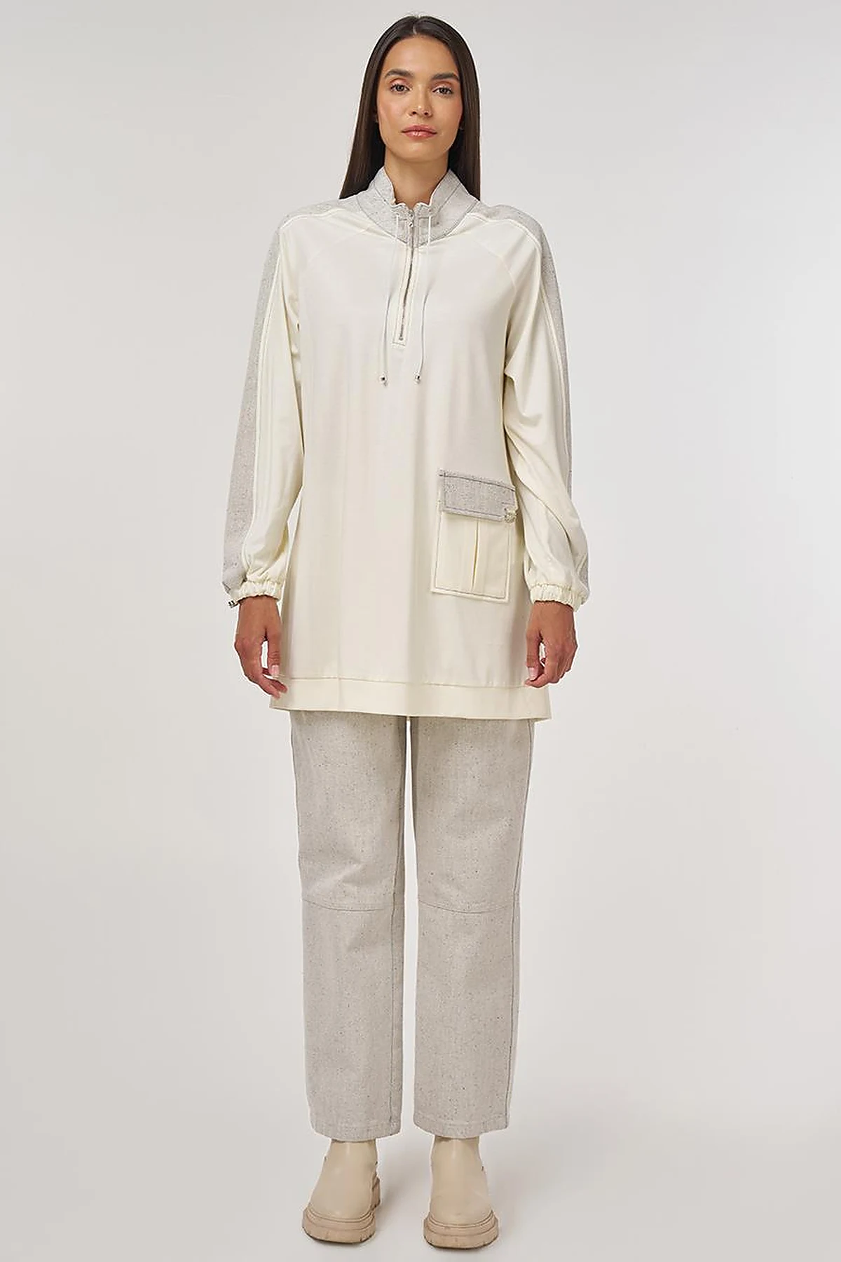 Fabric-Trimmed High Neck Sweatshirt Ecru