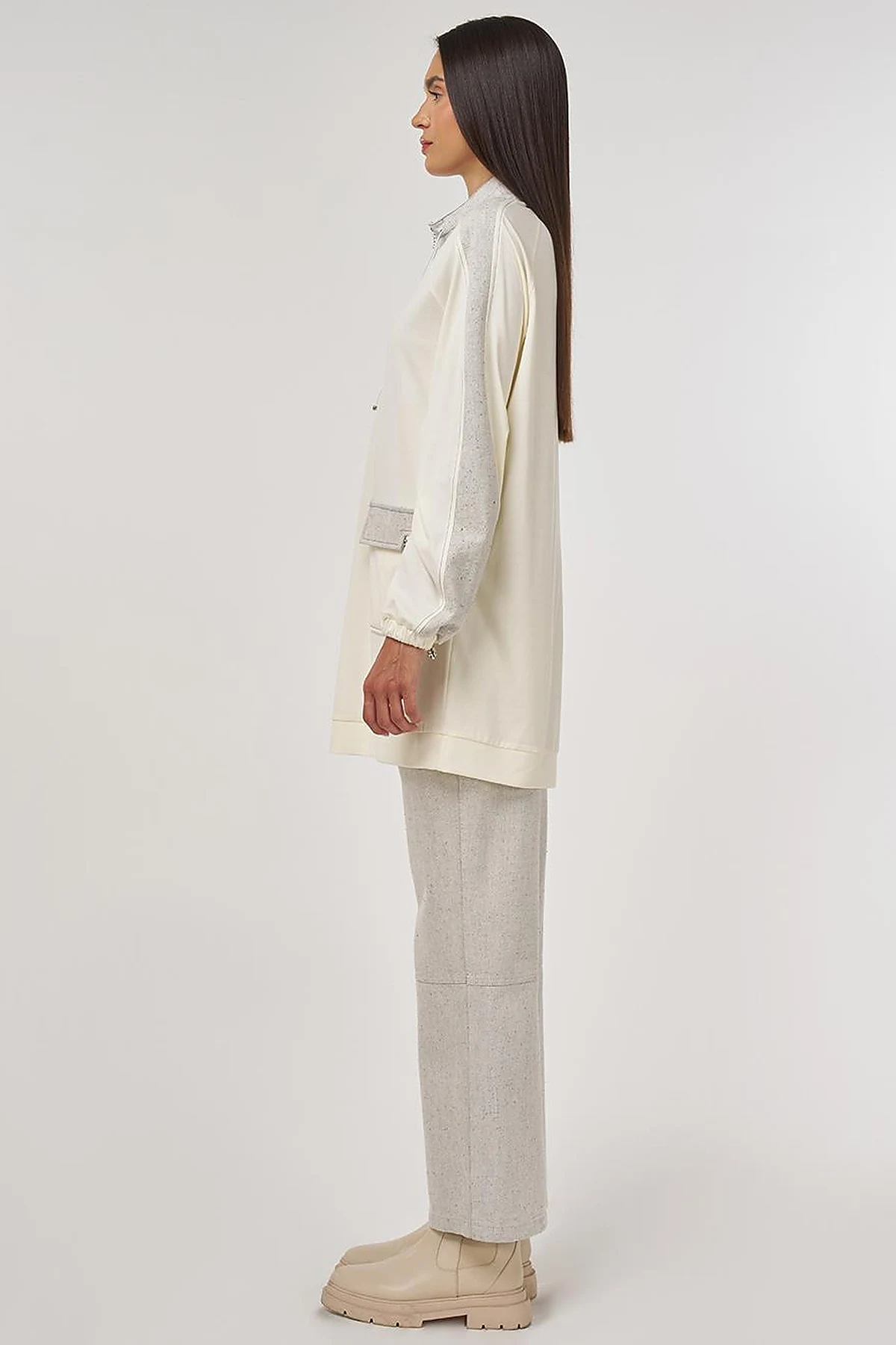 Fabric-Trimmed High Neck Sweatshirt Ecru