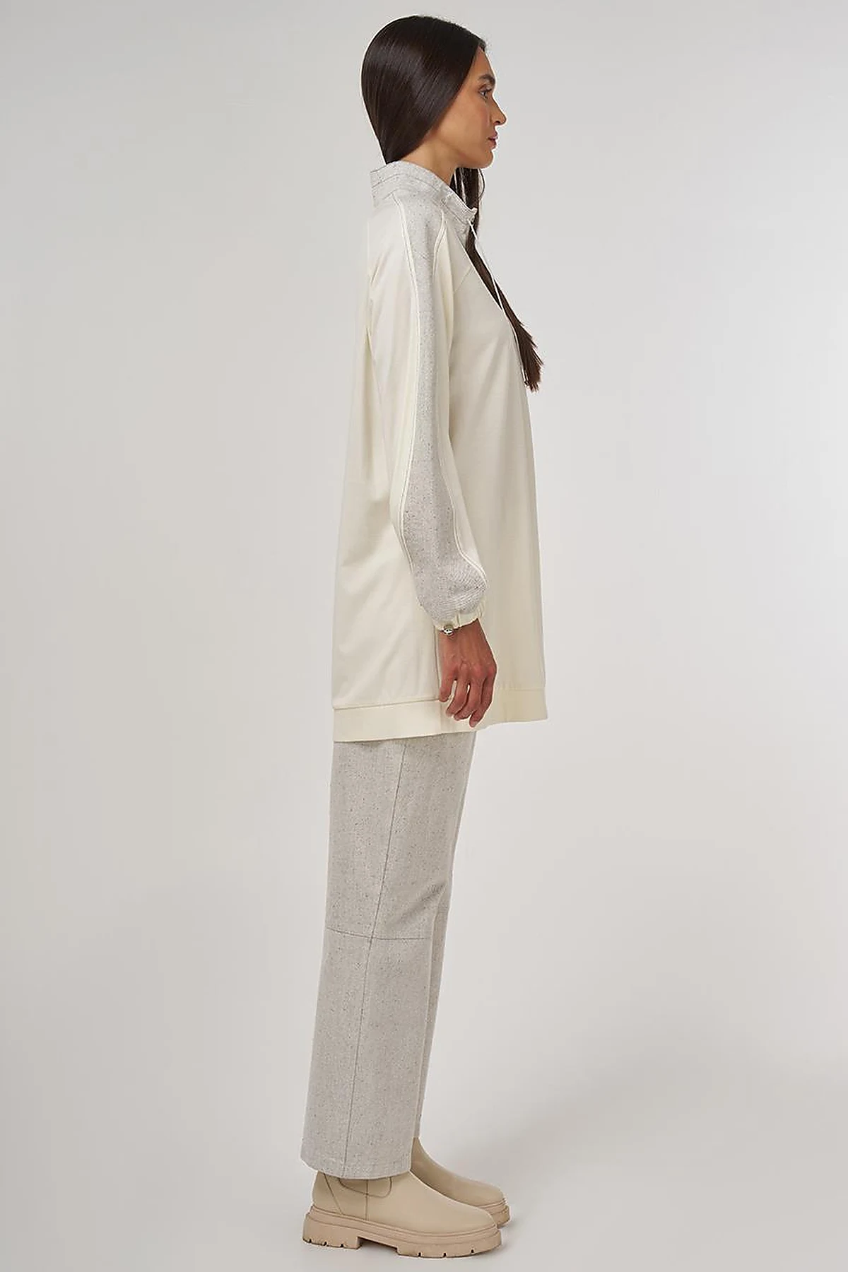 Fabric-Trimmed High Neck Sweatshirt Ecru