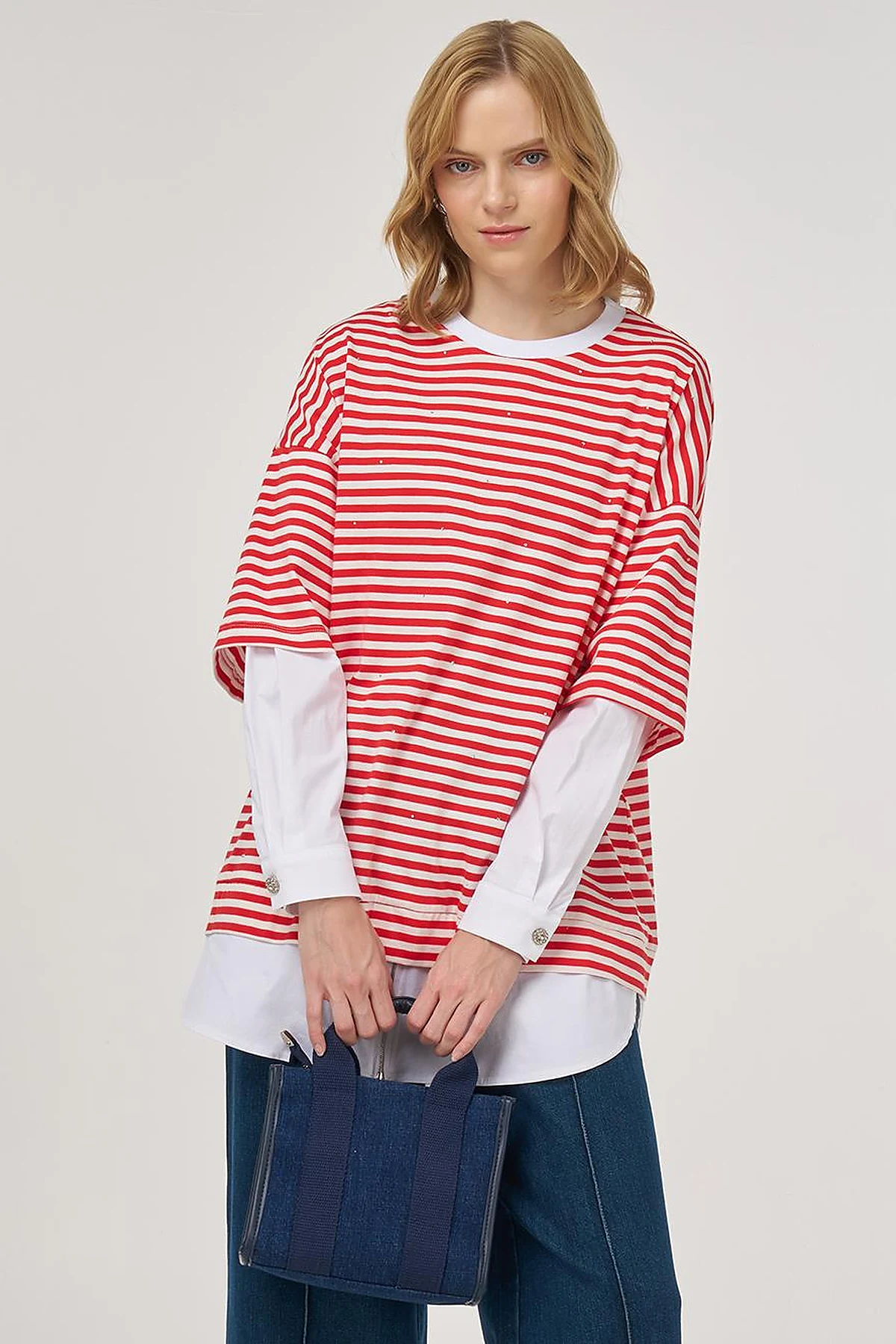 100% Cotton Shirt-Detail Sweatshirt Red