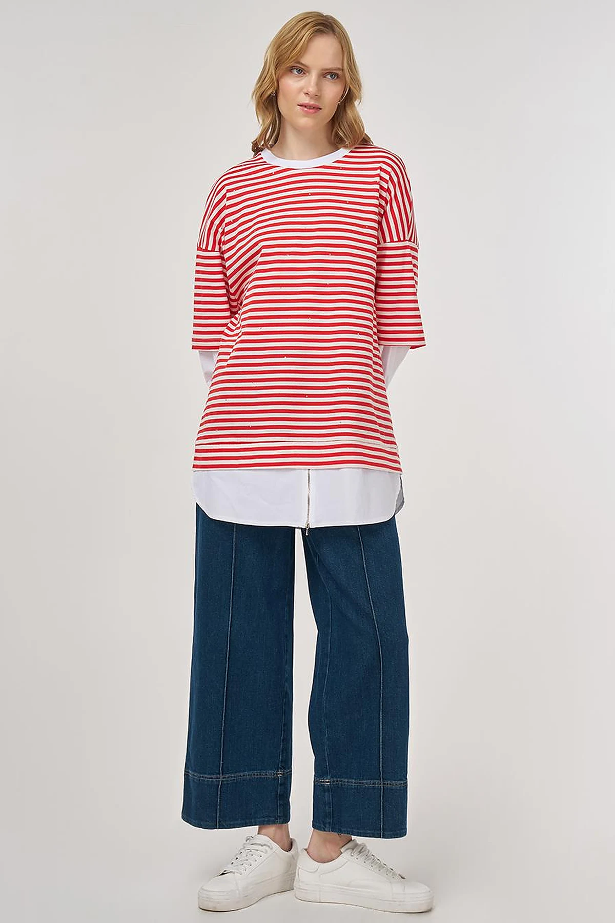 100% Cotton Shirt-Detail Sweatshirt Red