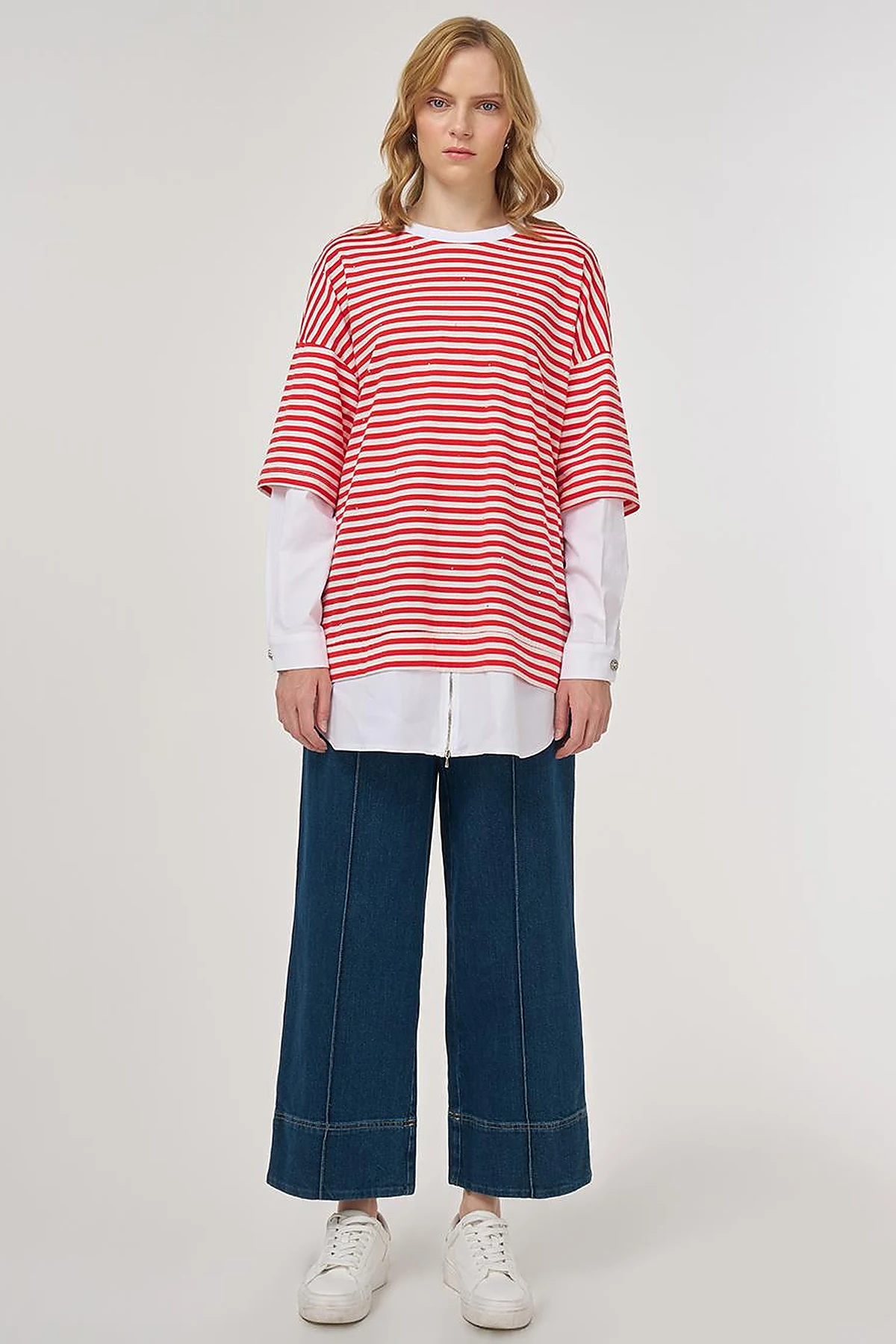 100% Cotton Shirt-Detail Sweatshirt Red