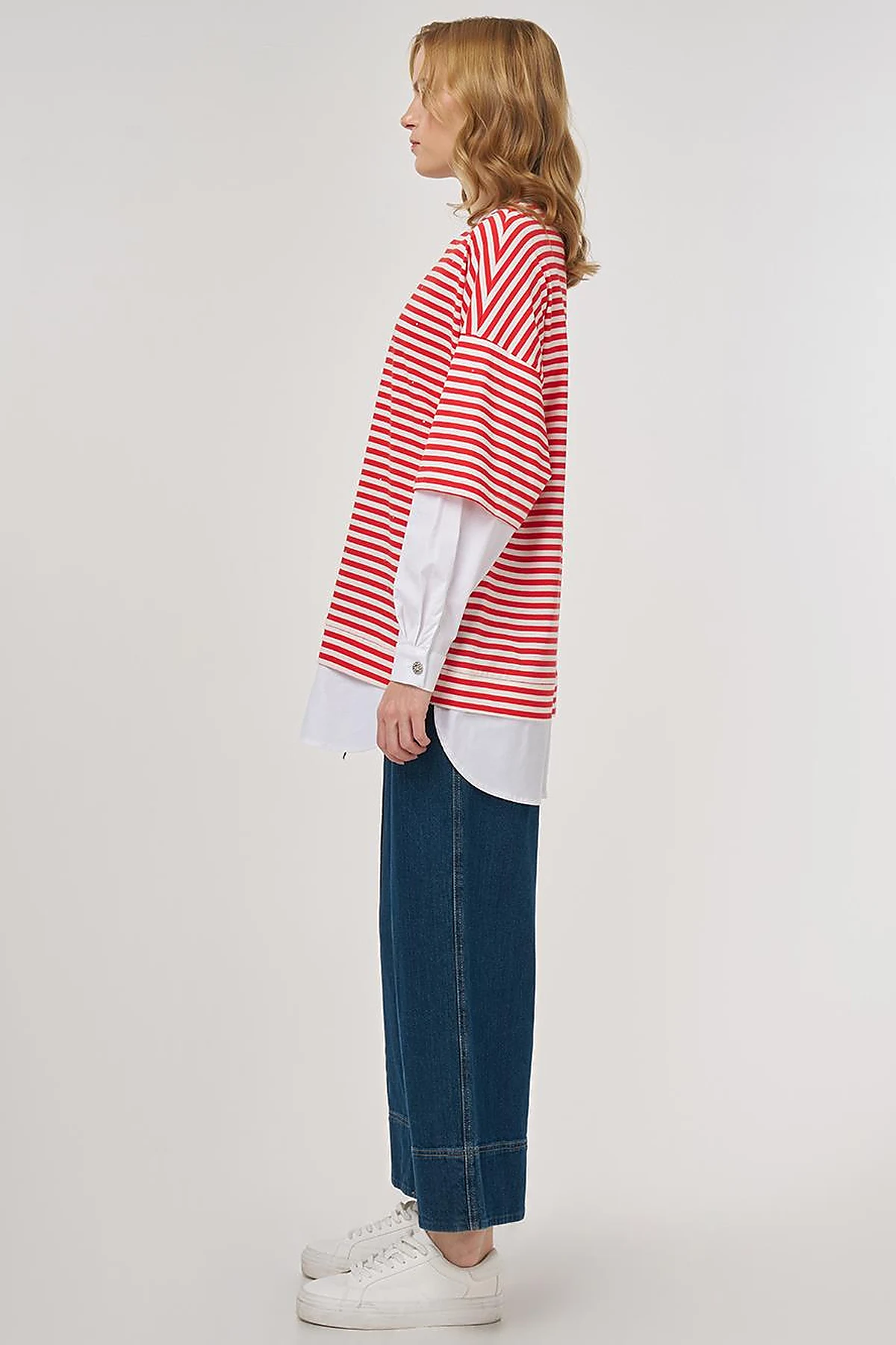 100% Cotton Shirt-Detail Sweatshirt Red