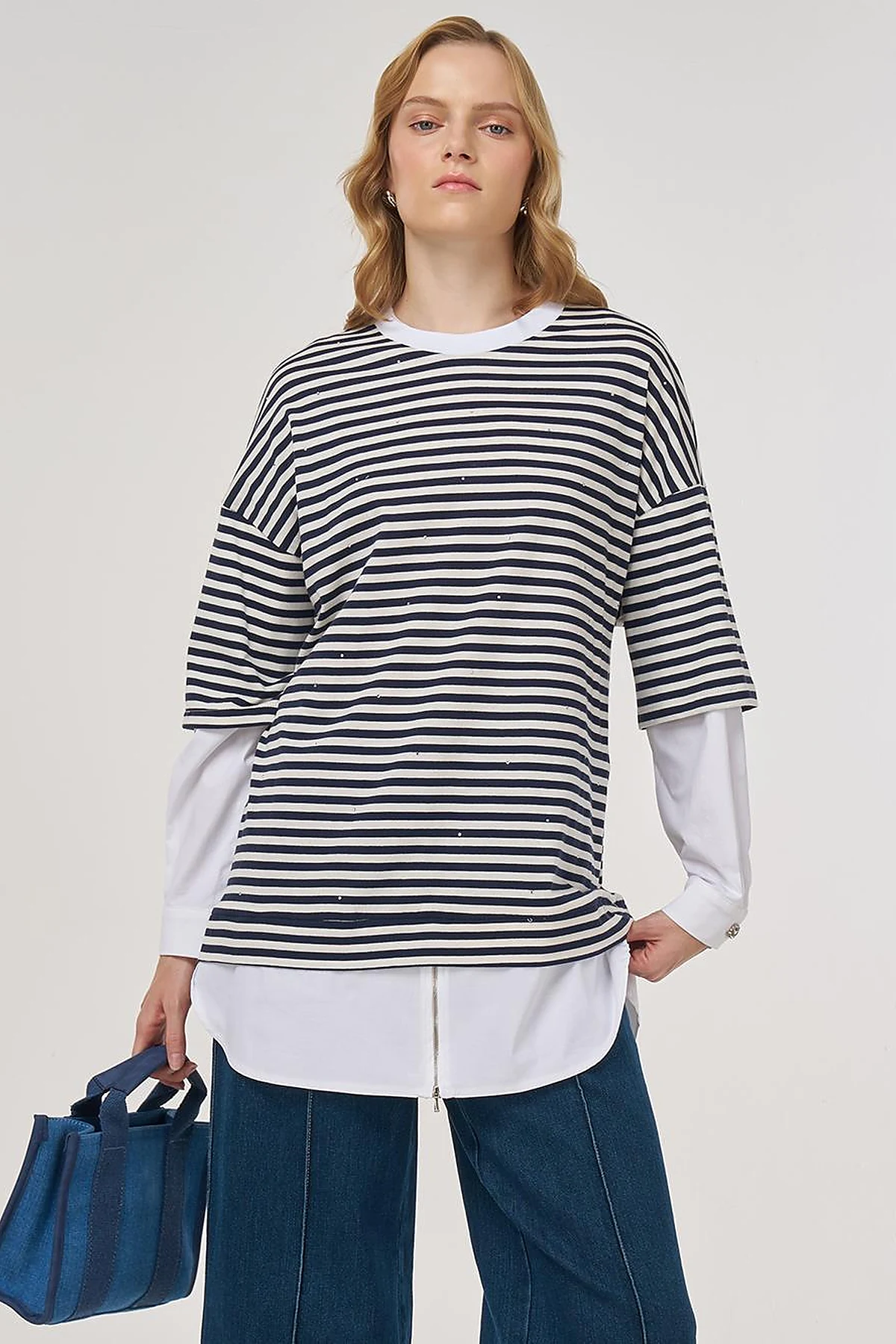 100% Cotton Shirt-Detail Sweatshirt Dark Navy