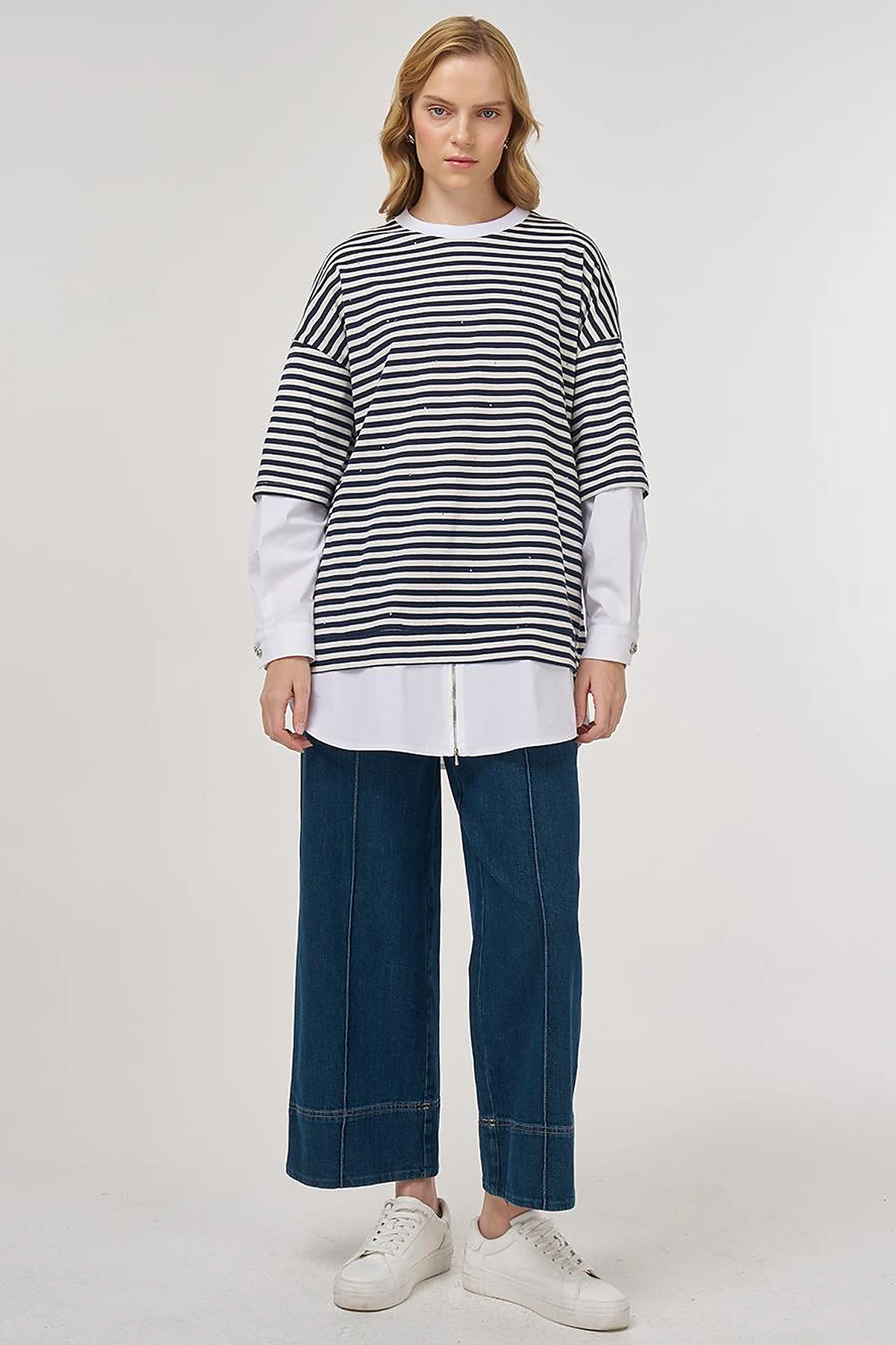 100% Cotton Shirt-Detail Sweatshirt Dark Navy