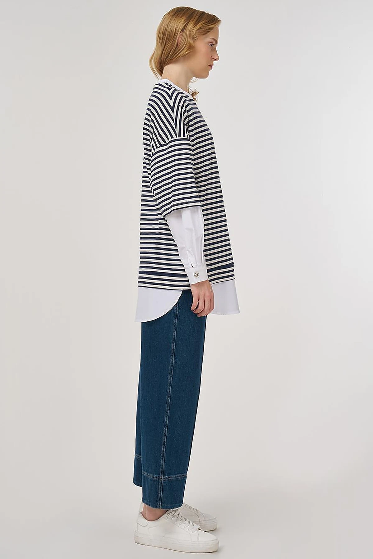 100% Cotton Shirt-Detail Sweatshirt Dark Navy
