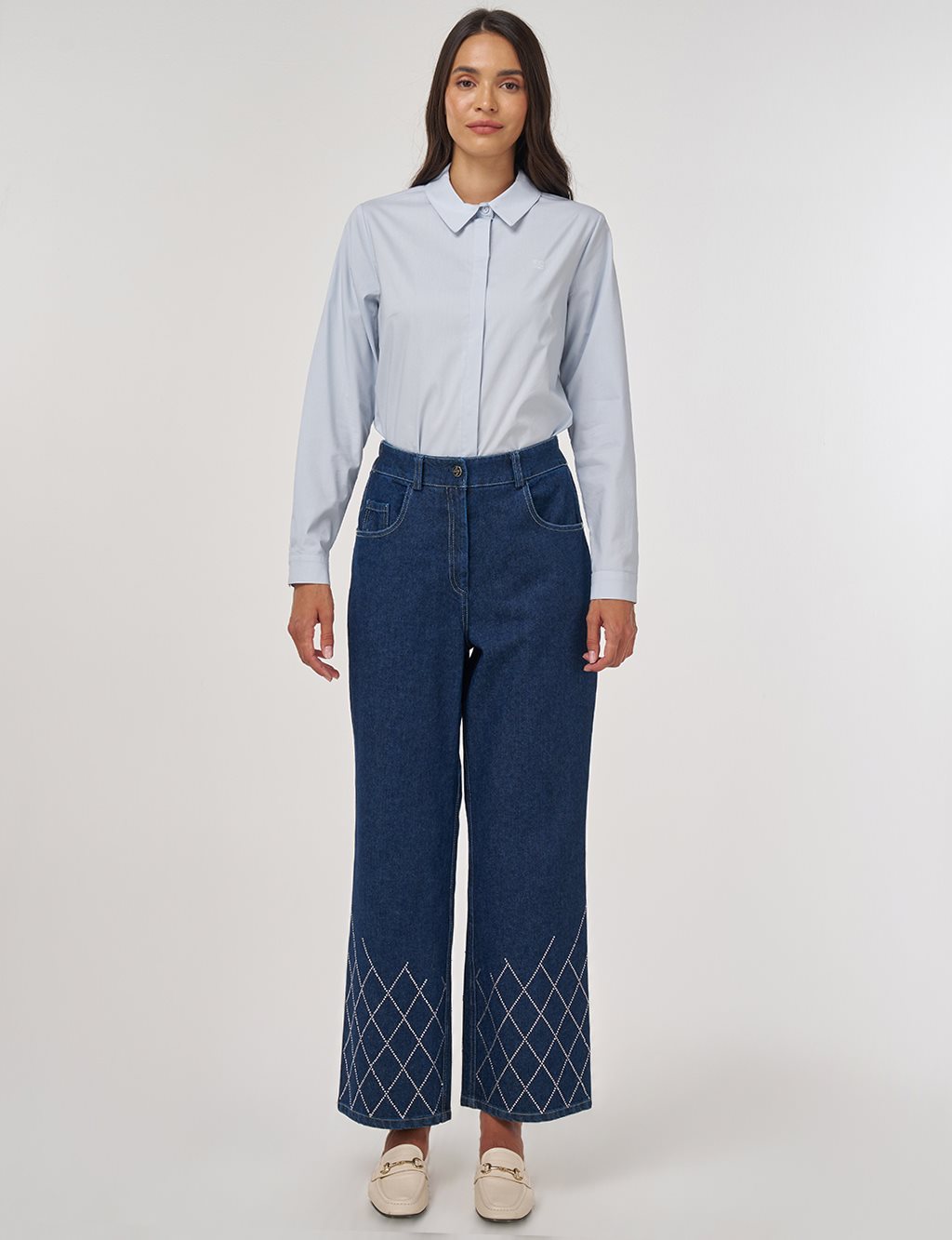 Embroidered Hem Denim Pants Navy 