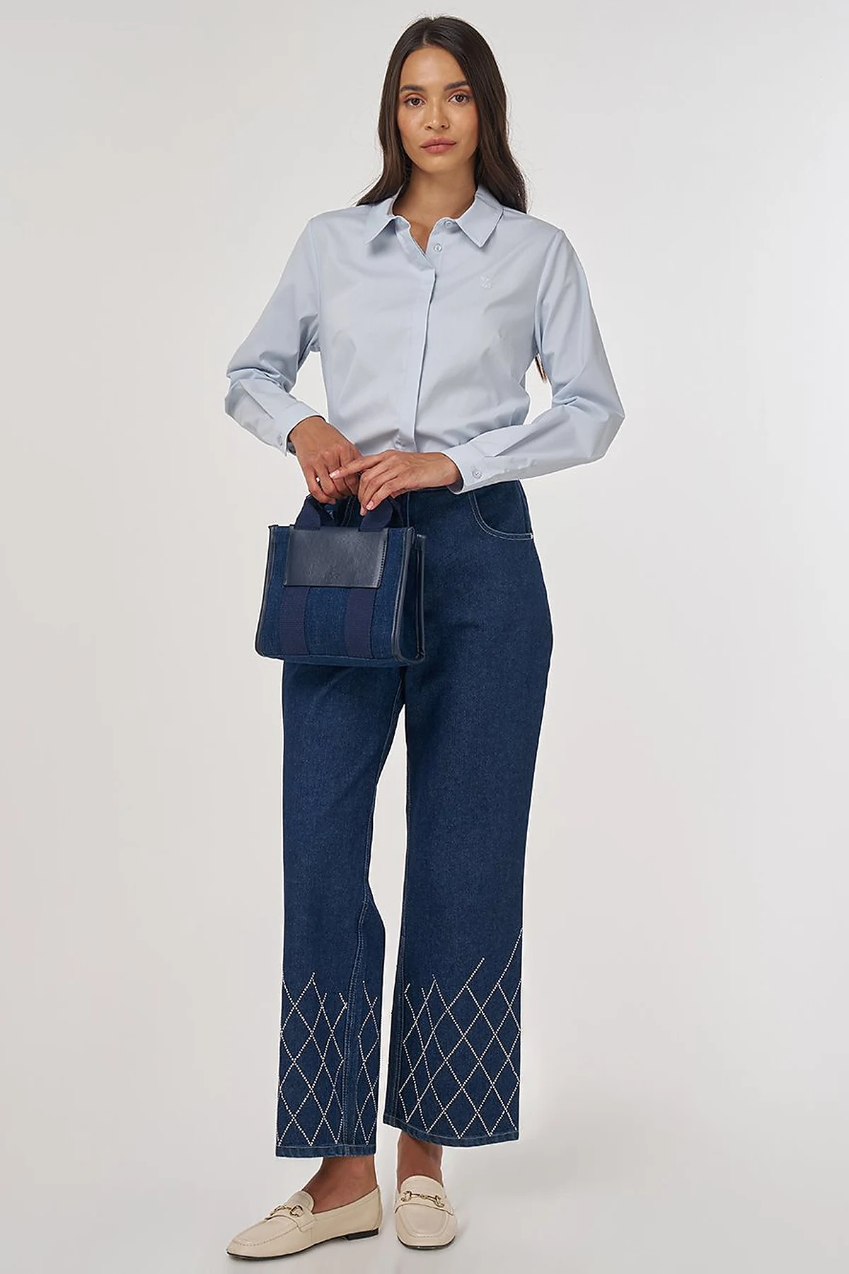 Embroidered Hem Denim Pants Navy 