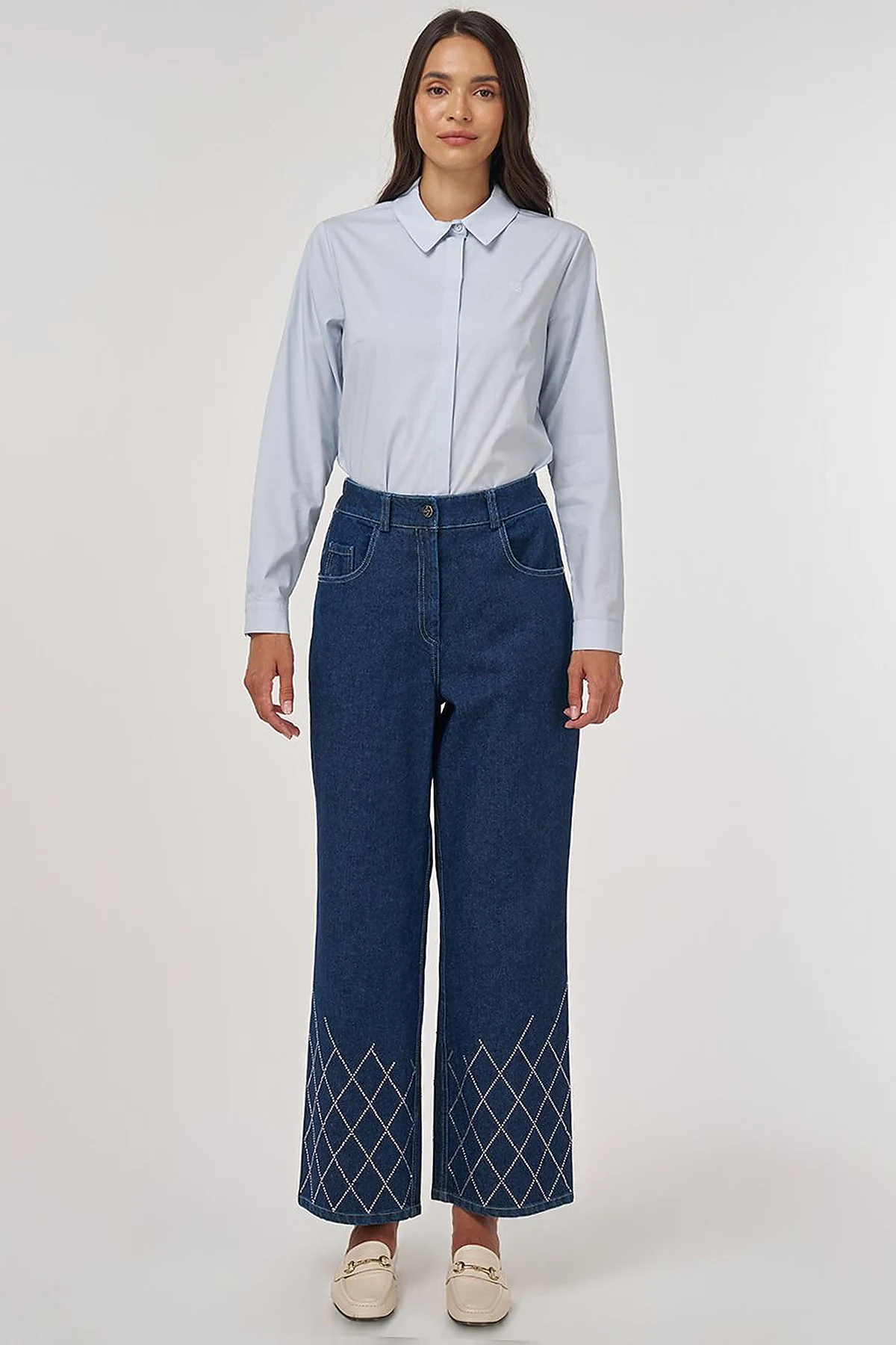 Embroidered Hem Denim Pants Navy 